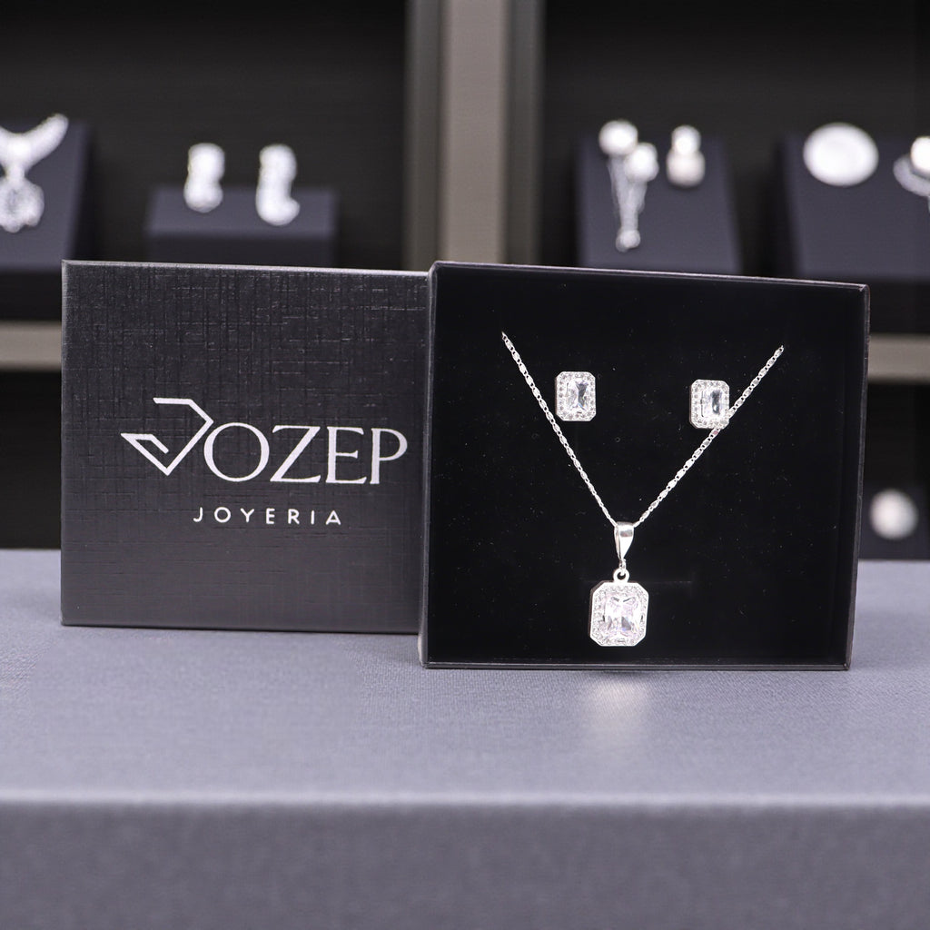 Aretes C/ Cadena Dije Cuadro Blanco en Plata .925