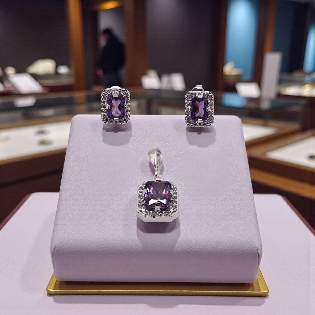 Aretes C/ Cadena Dije Cuadro Morado en Plata .925