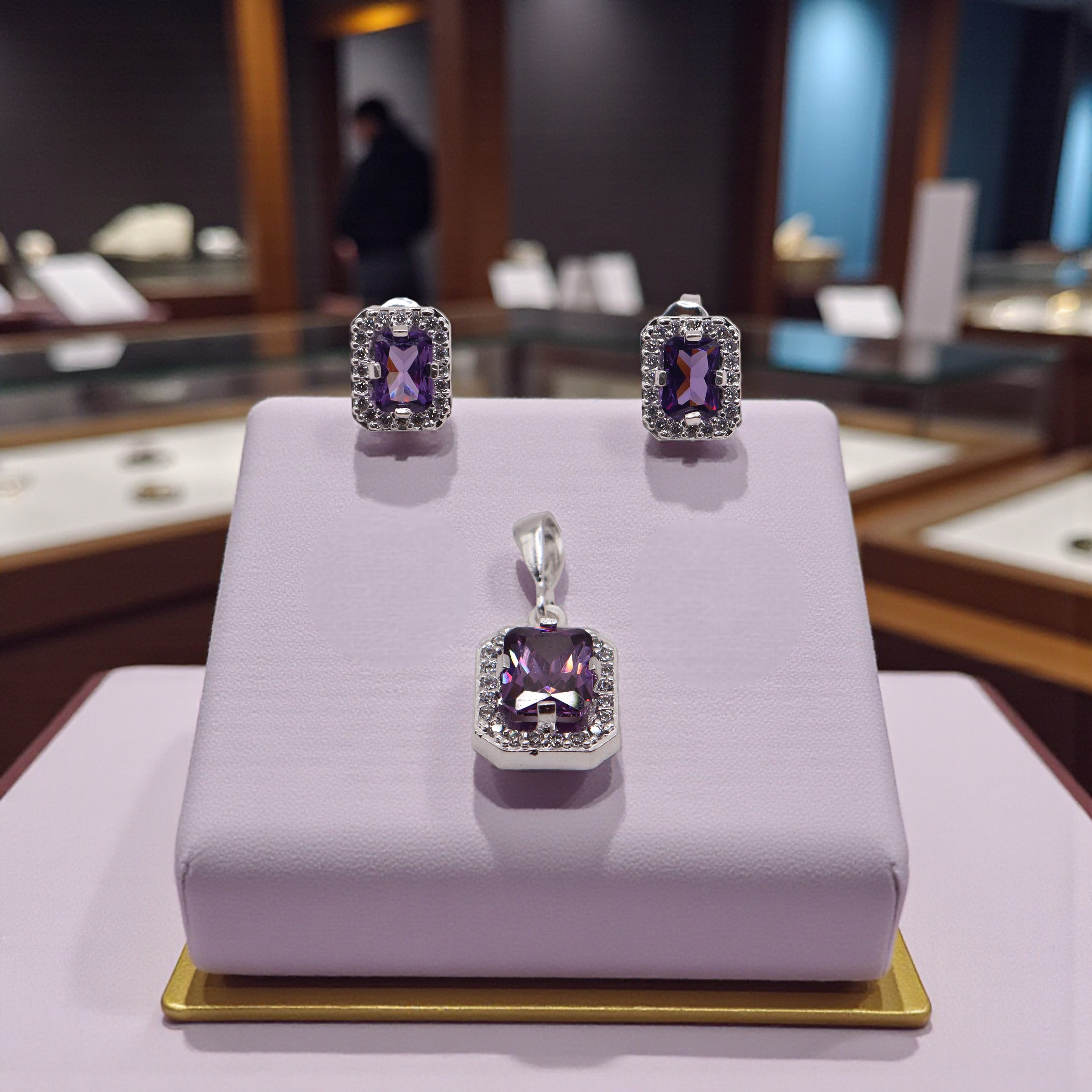 Aretes C/ Cadena Dije Cuadro Morado en Plata .925