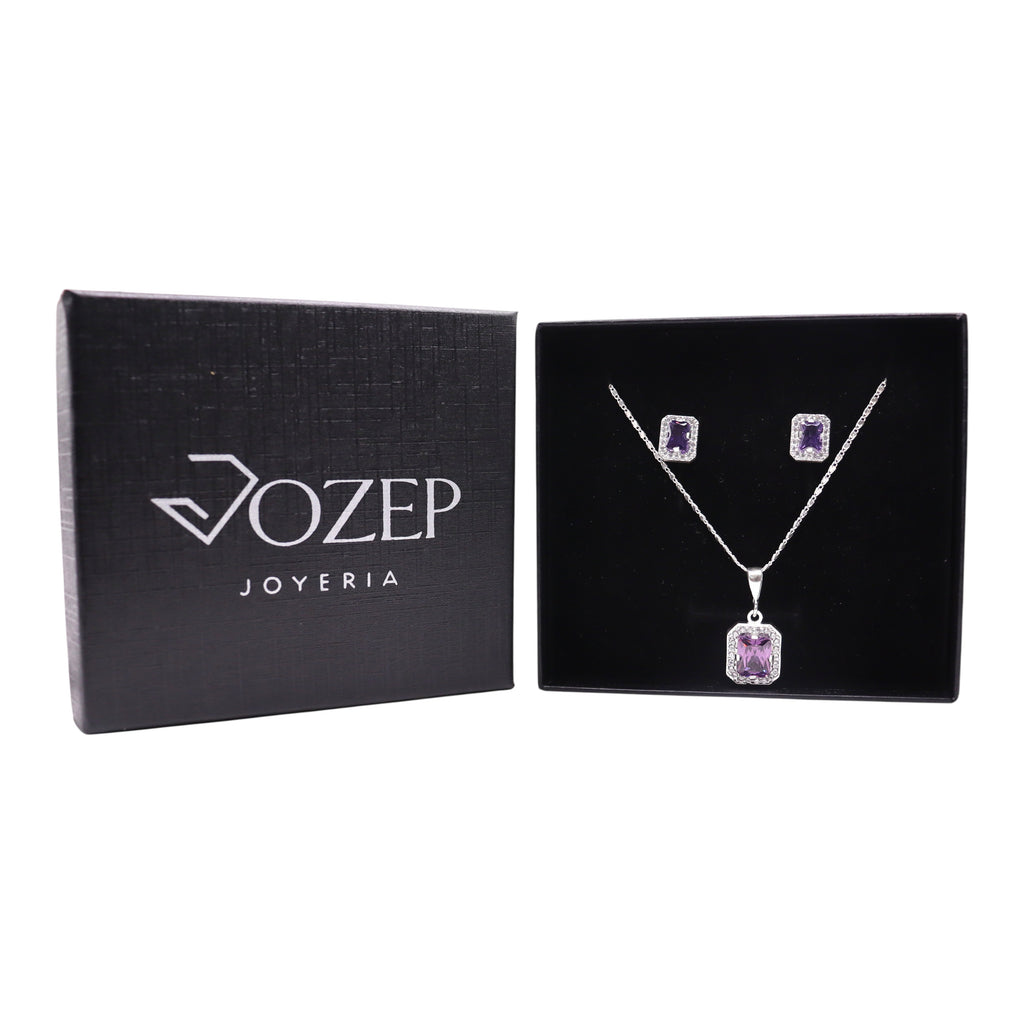 Aretes C/ Cadena Dije Cuadro Morado en Plata .925