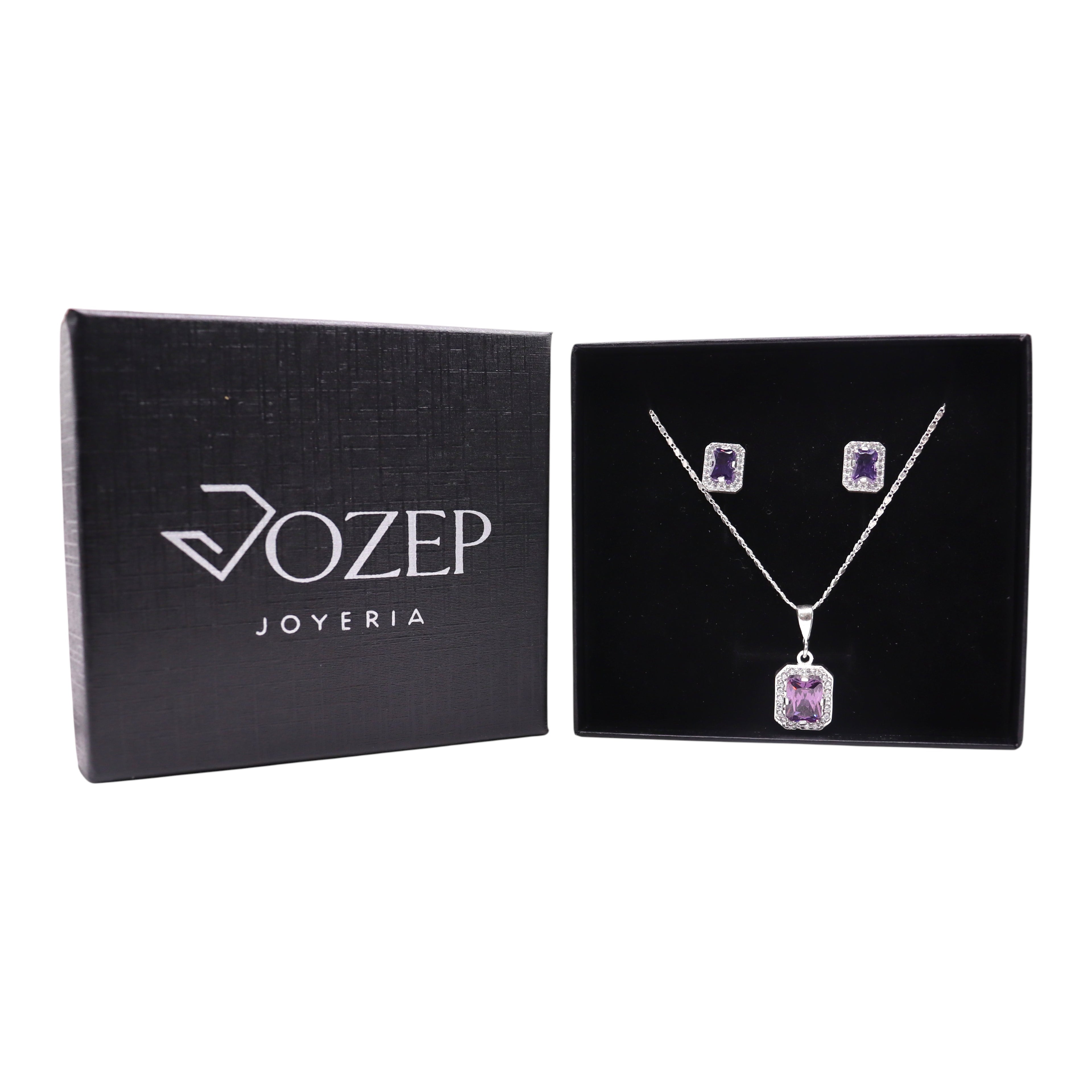 Aretes C/ Cadena Dije Cuadro Morado en Plata .925