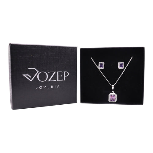 Aretes + Cadena + Dije  Cuadro Morado en Plata .925