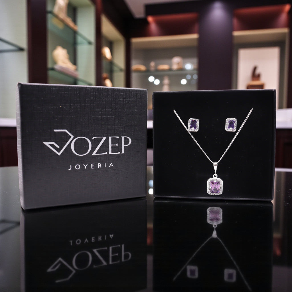 Aretes C/ Cadena Dije Cuadro Morado en Plata .925