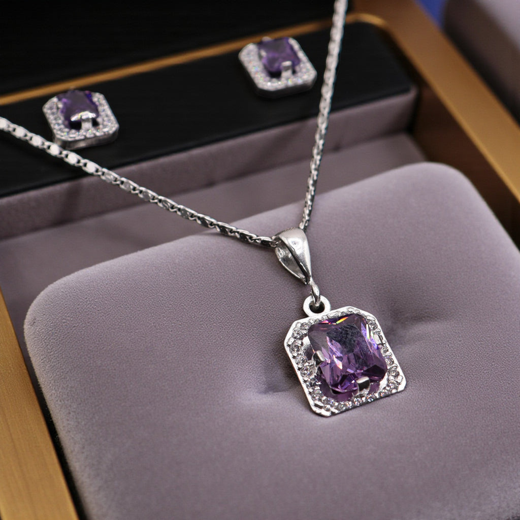 Aretes C/ Cadena Dije Cuadro Morado en Plata .925