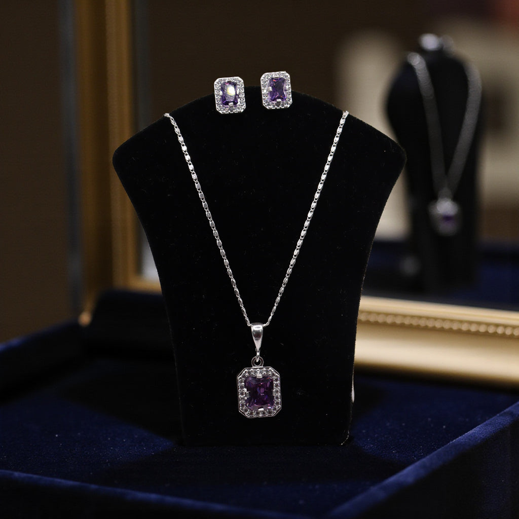 Aretes C/ Cadena Dije Cuadro Morado en Plata .925