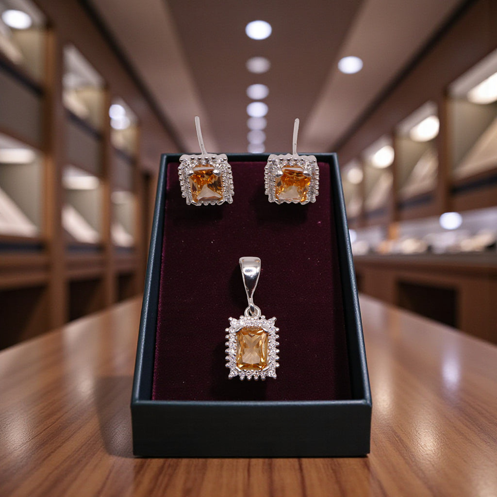 Aretes C/ Cadena Dije Cuadro Naranja en Plata .925