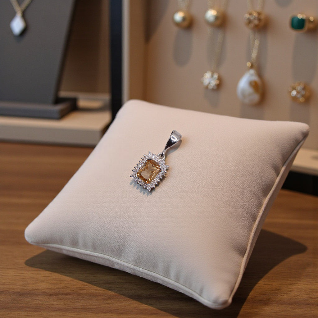 Aretes C/ Cadena Dije Cuadro Naranja en Plata .925