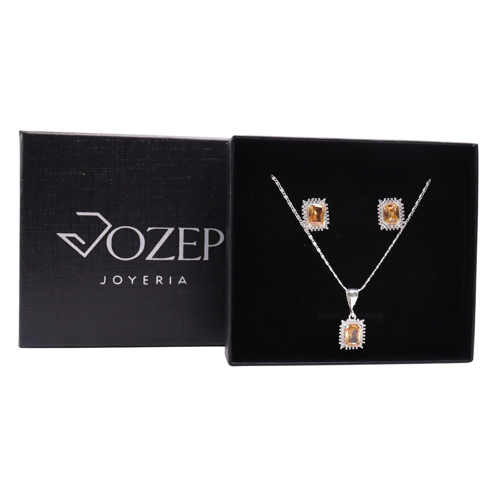 Aretes C/ Cadena Dije Cuadro Naranja en Plata .925