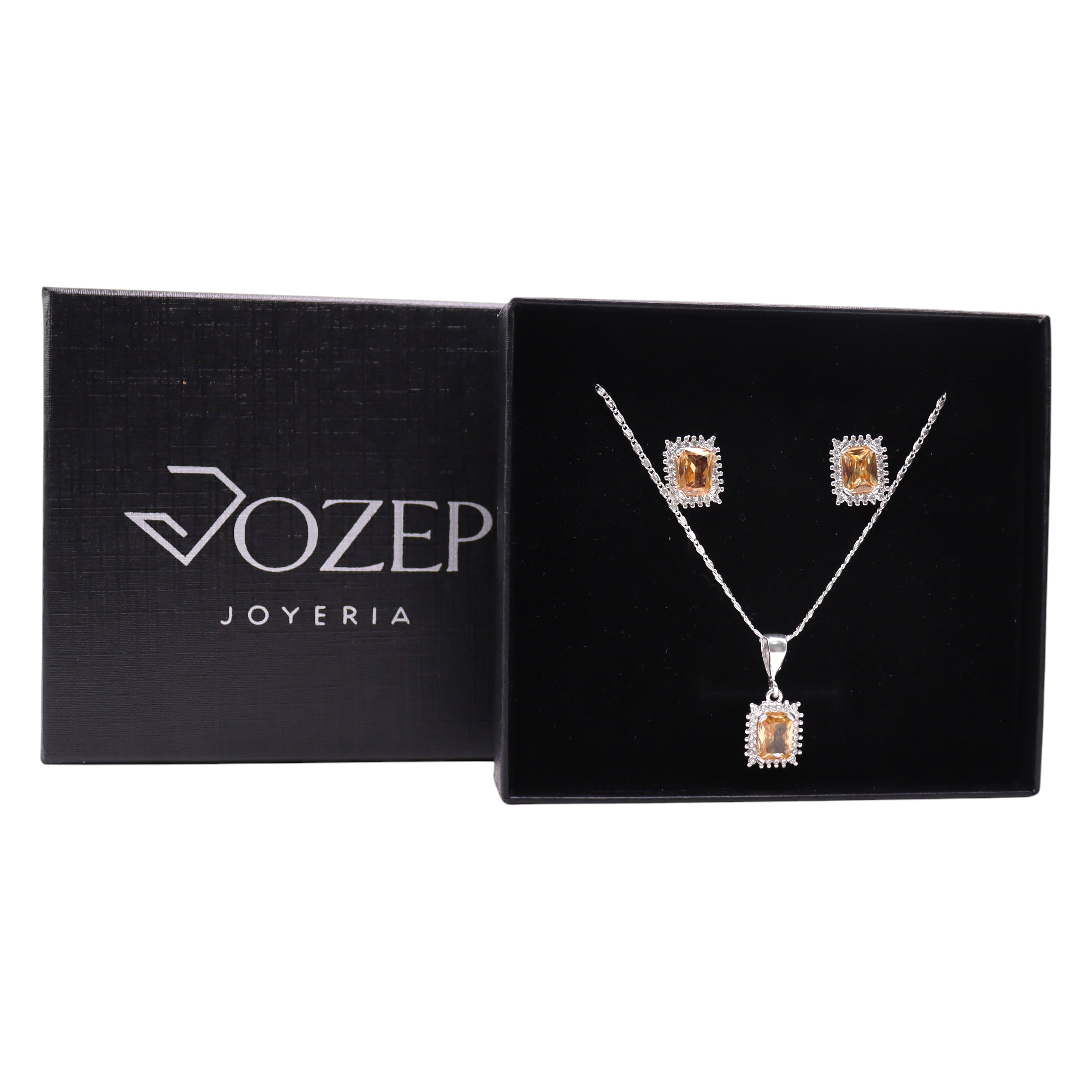 Aretes C/ Cadena Dije Cuadro Naranja en Plata .925