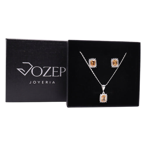 Aretes + Cadena + Dije  Cuadro Naranja en Plata .925