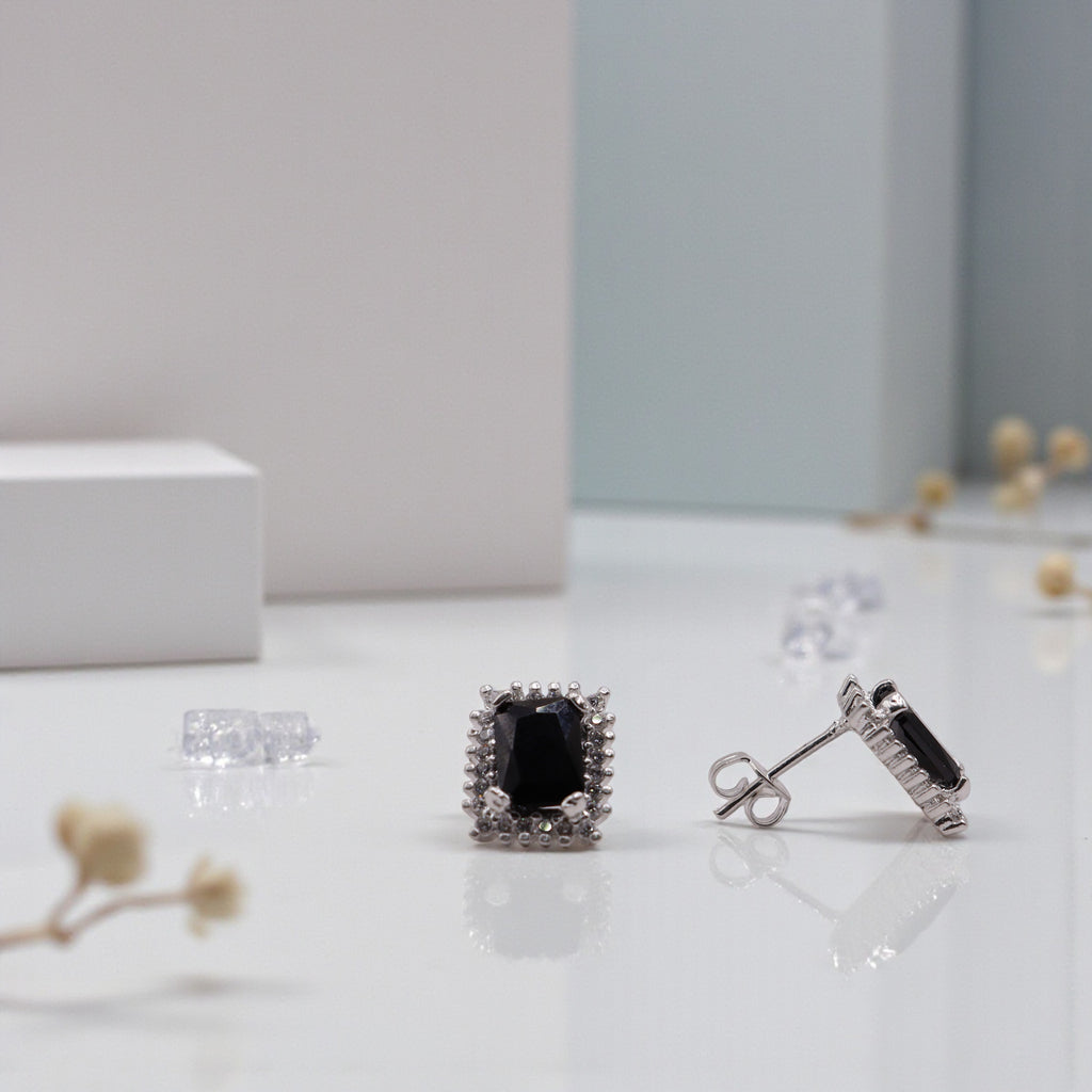 Aretes C/ Cadena Dije Cuadro Negro en Plata .925