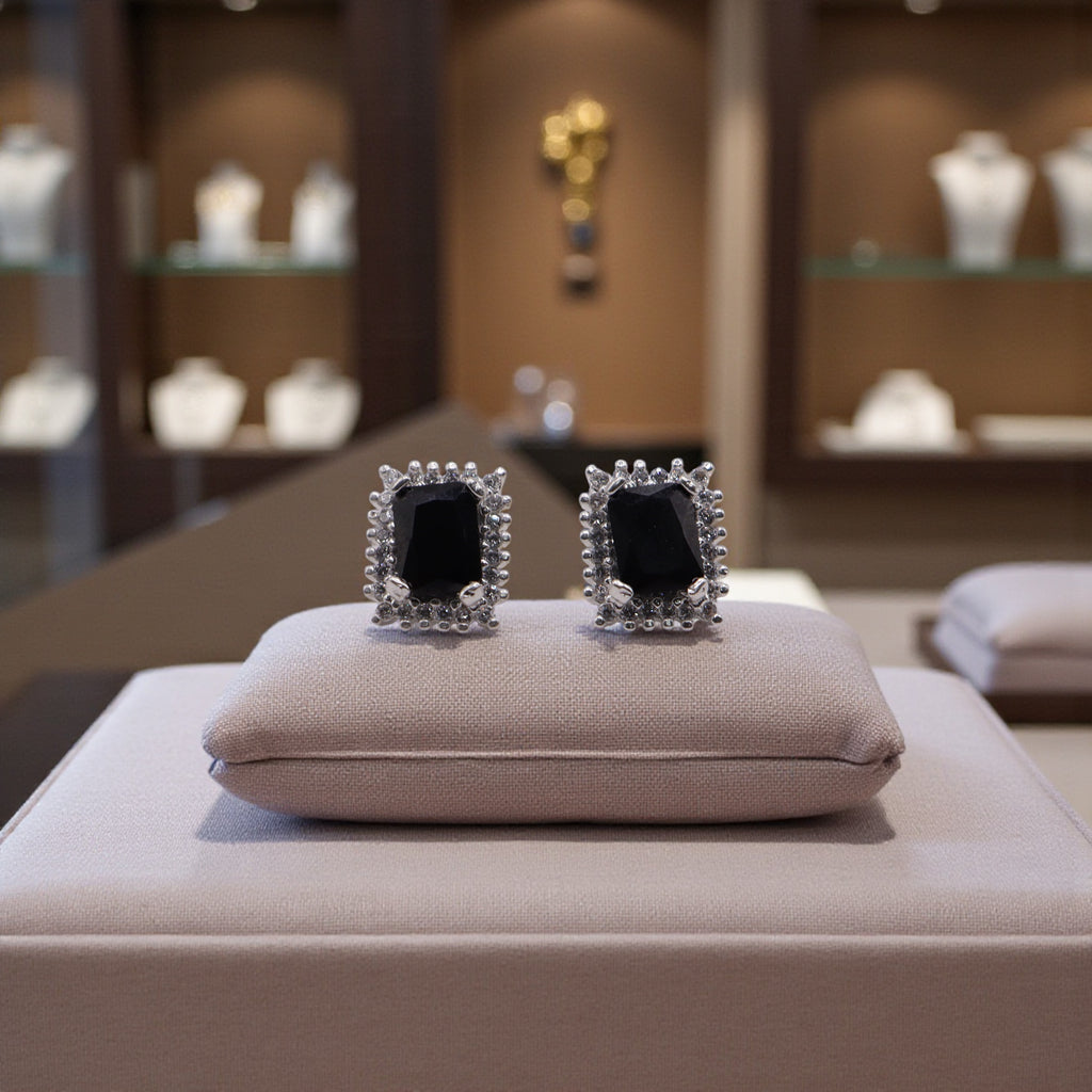 Aretes C/ Cadena Dije Cuadro Negro en Plata .925