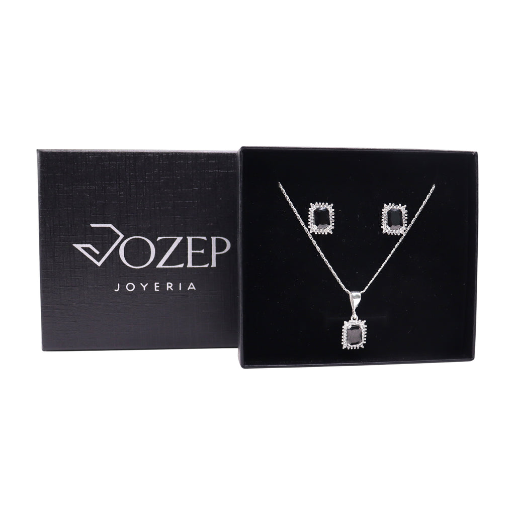 Aretes C/ Cadena Dije Cuadro Negro en Plata .925