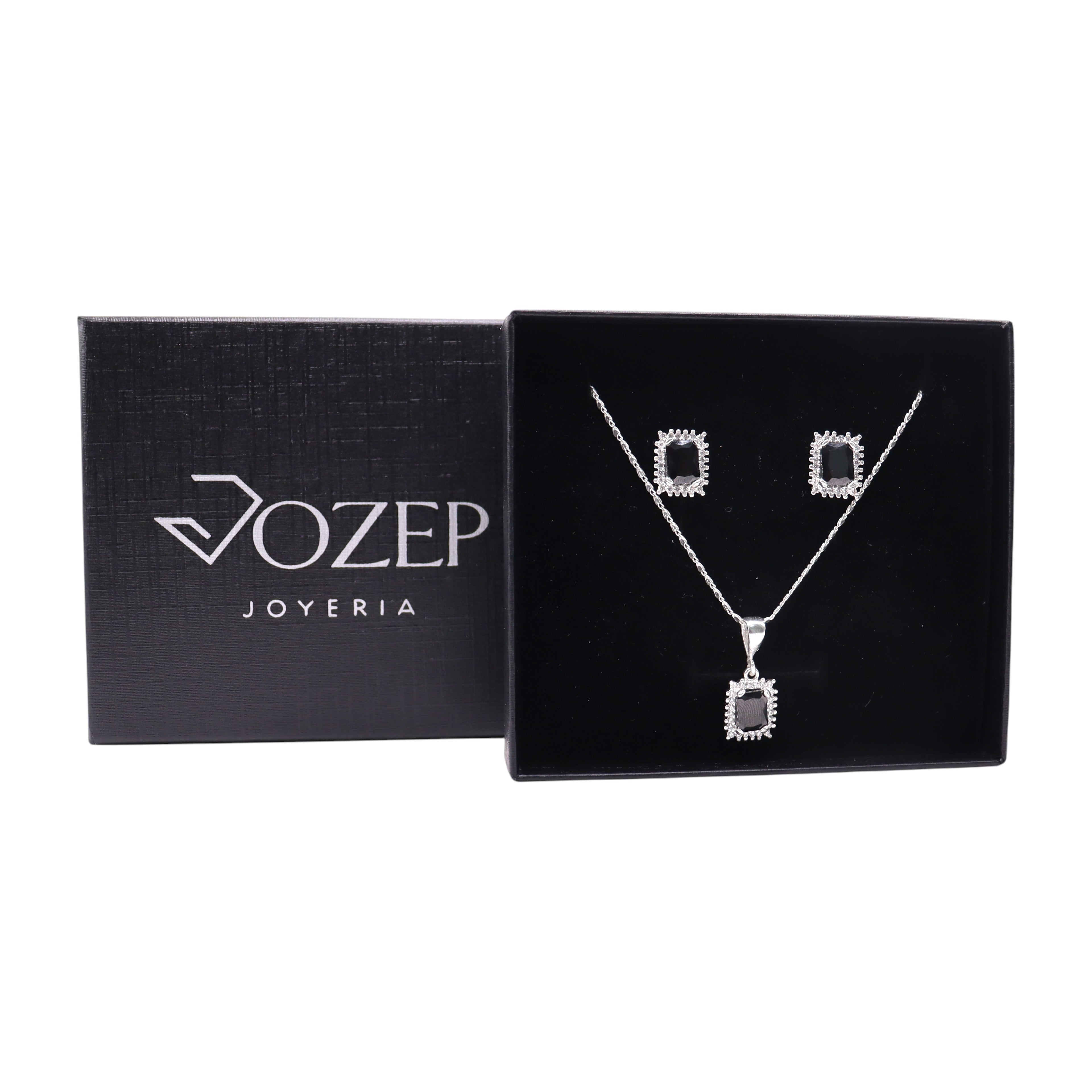 Aretes C/ Cadena Dije Cuadro Negro en Plata .925