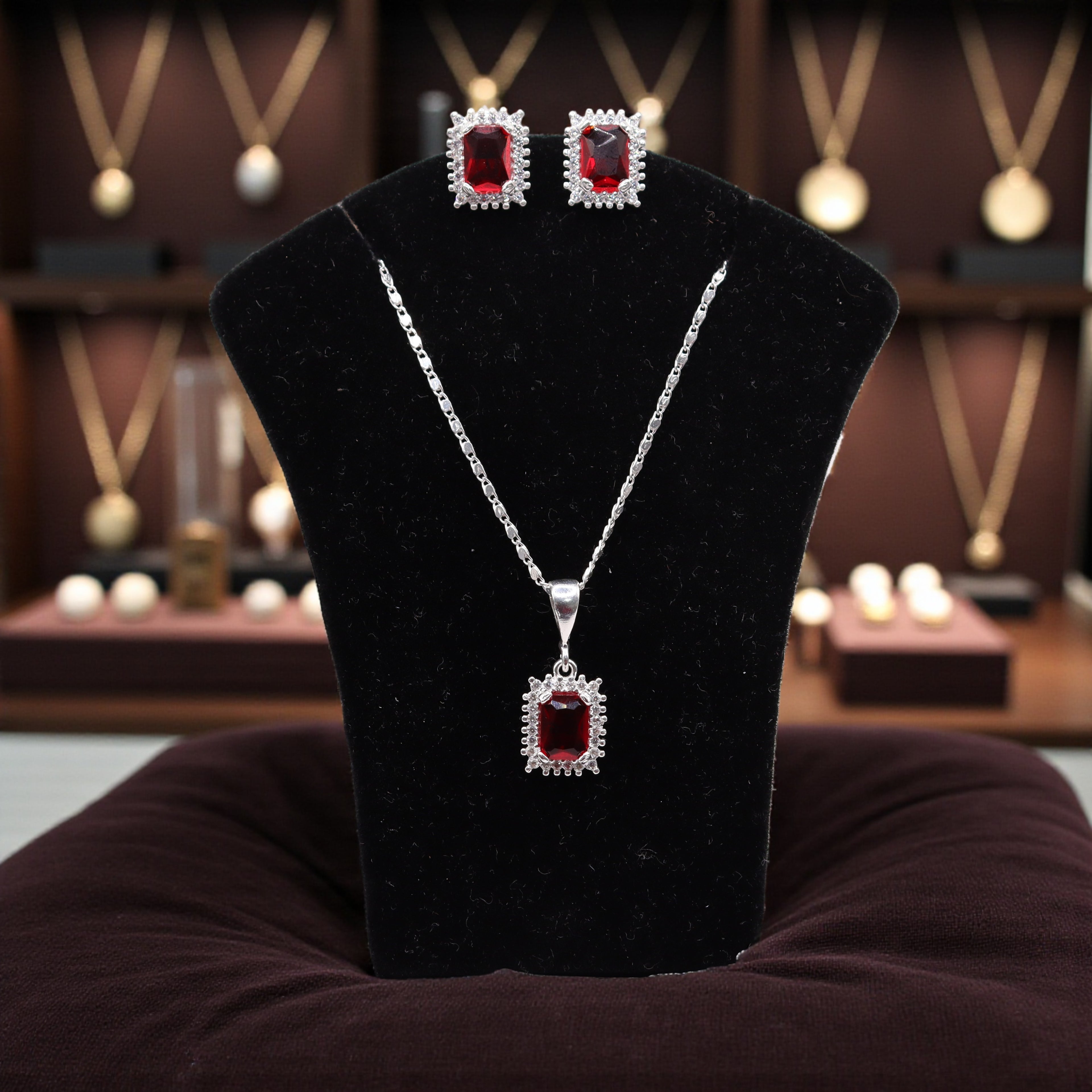 Aretes C/ Cadena Dije Cuadro Rojo en Plata .925