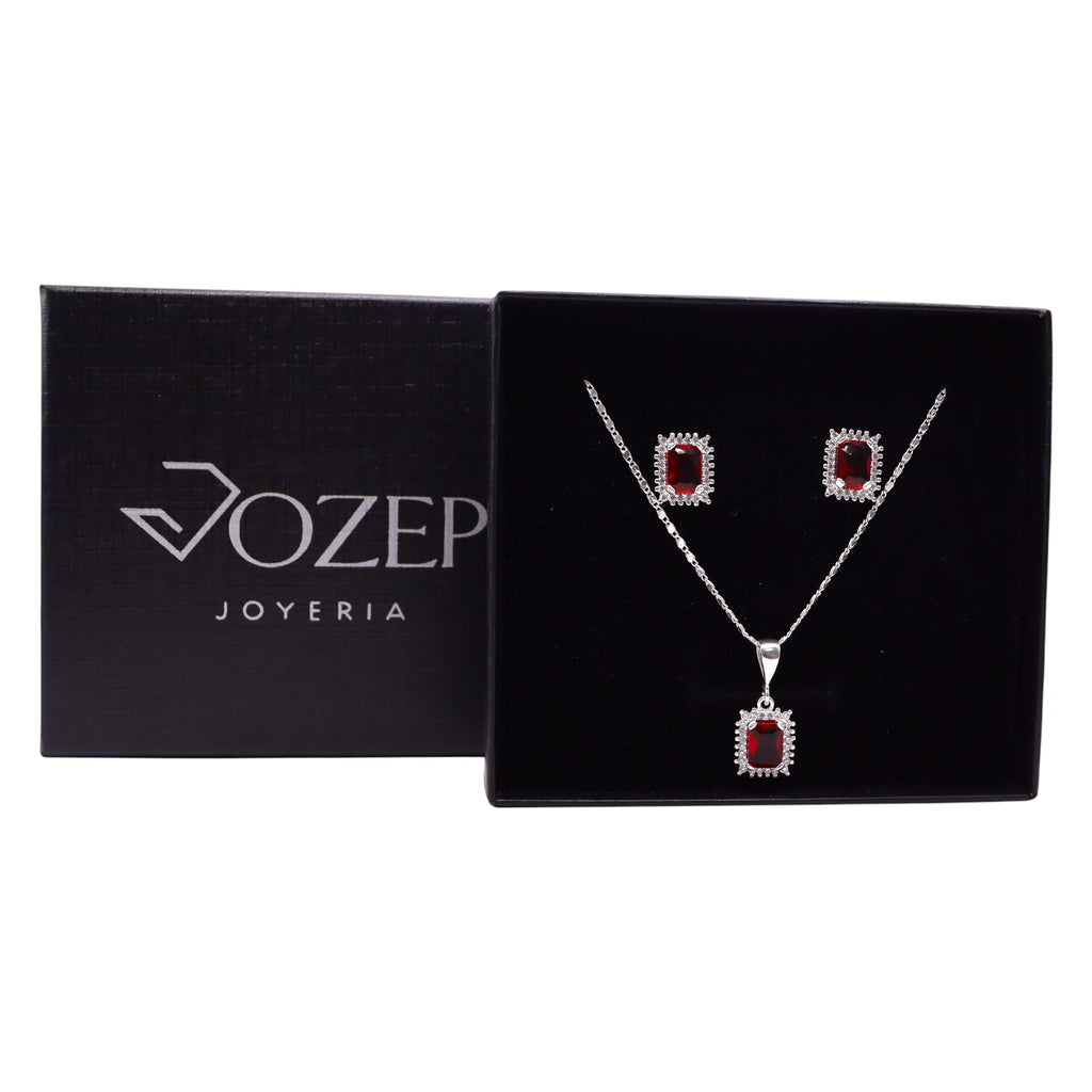 Aretes C/ Cadena Dije Cuadro Rojo en Plata .925