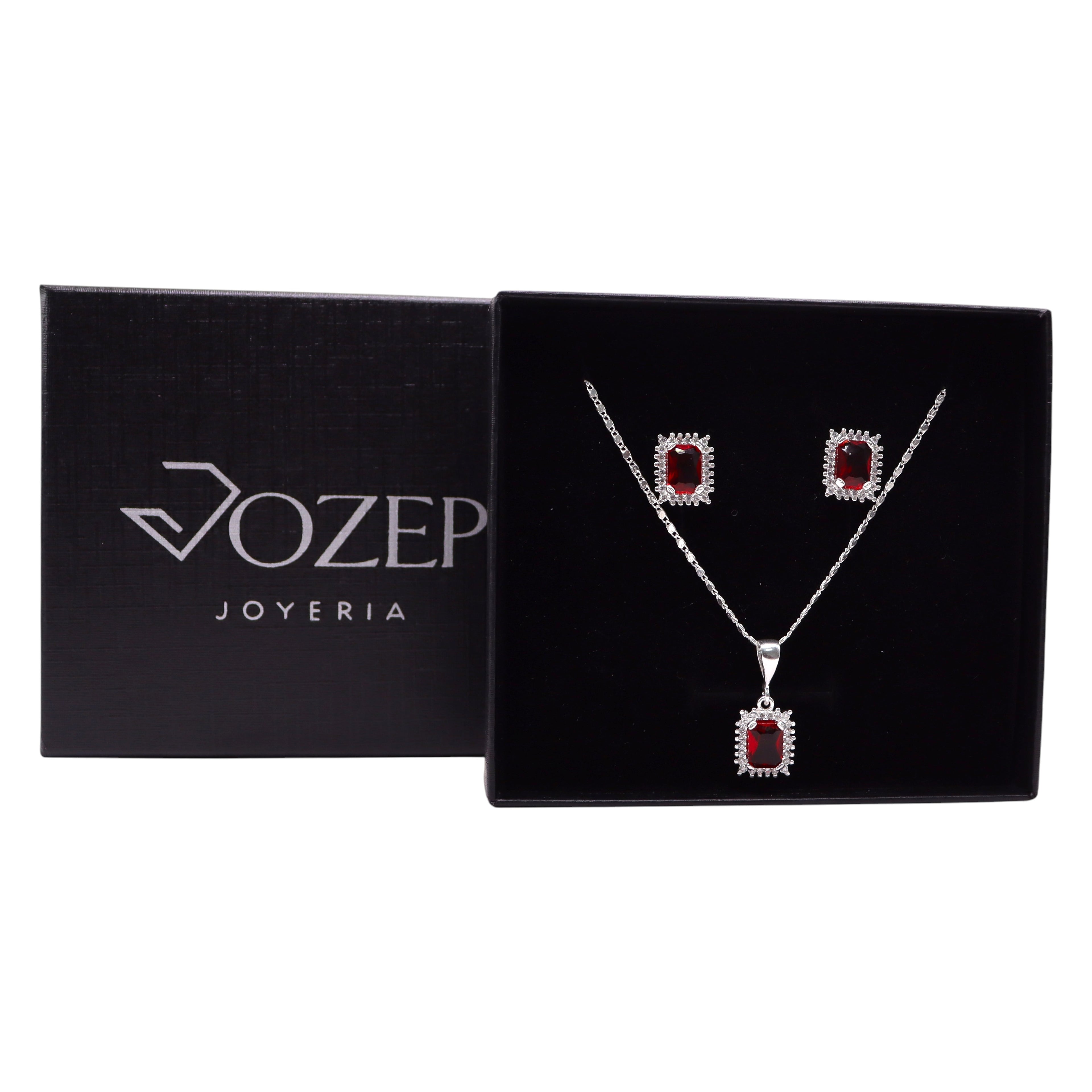 Aretes C/ Cadena Dije Cuadro Rojo en Plata .925