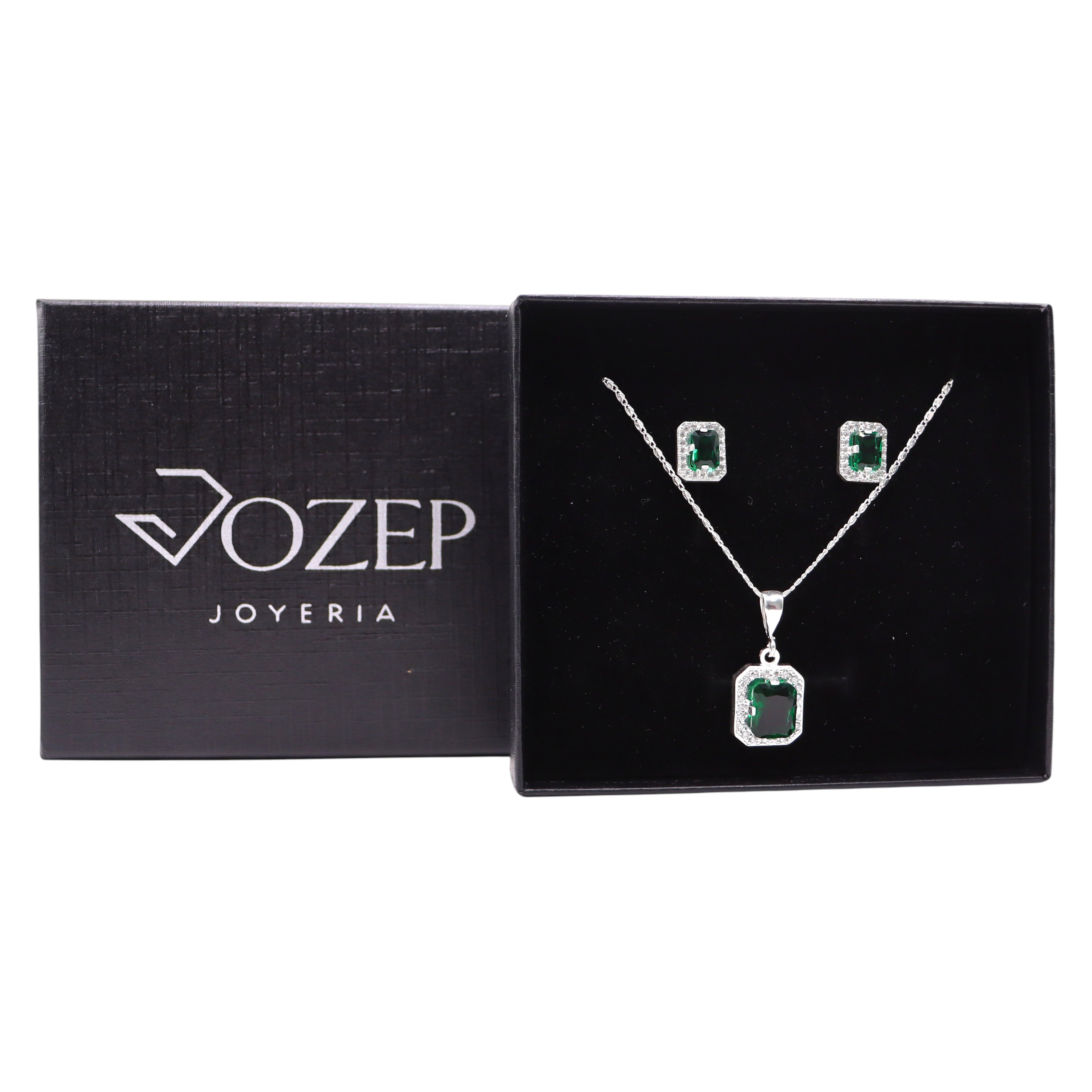 Aretes C/ Cadena Dije Cuadro Verde en Plata .925