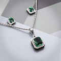 Aretes + Cadena + Dije Cuadro Verde en Plata .925