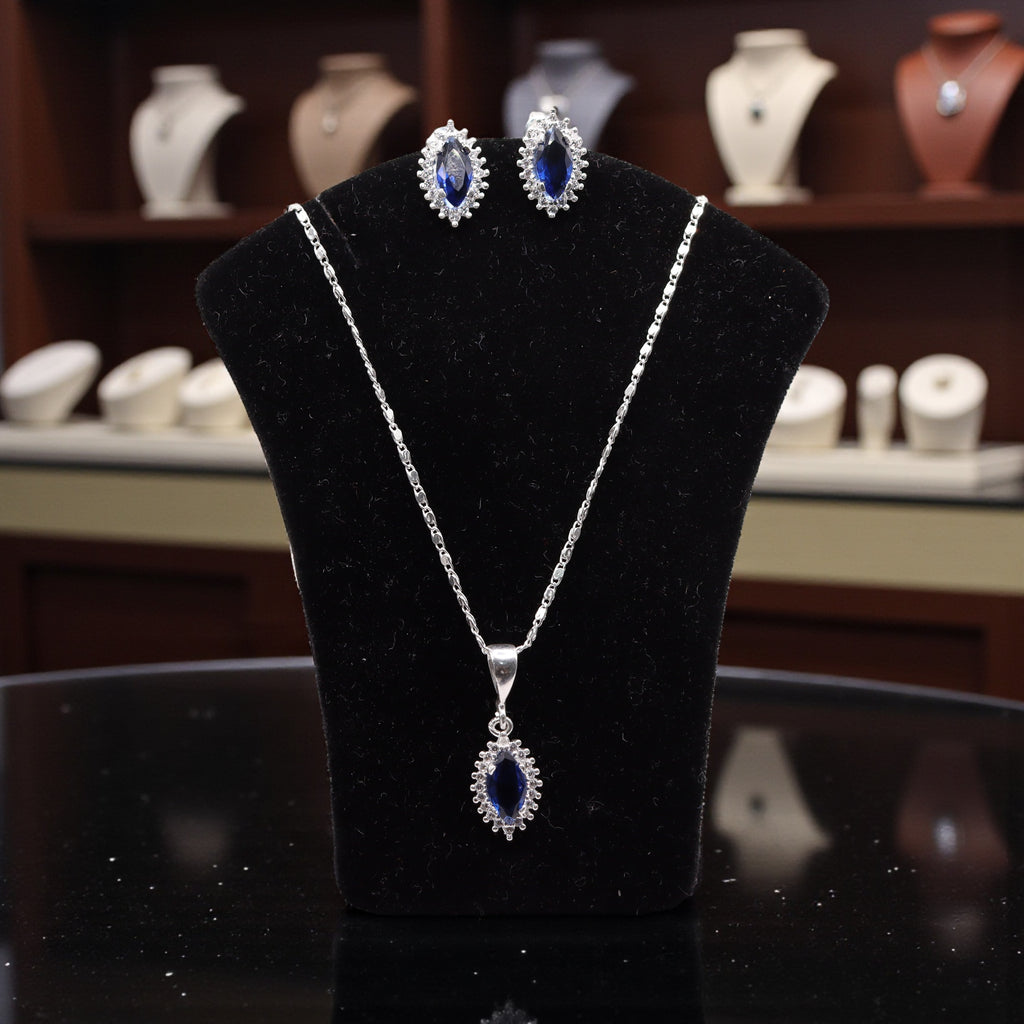 Aretes C/ Cadena Dije Gota Azul en Plata .925