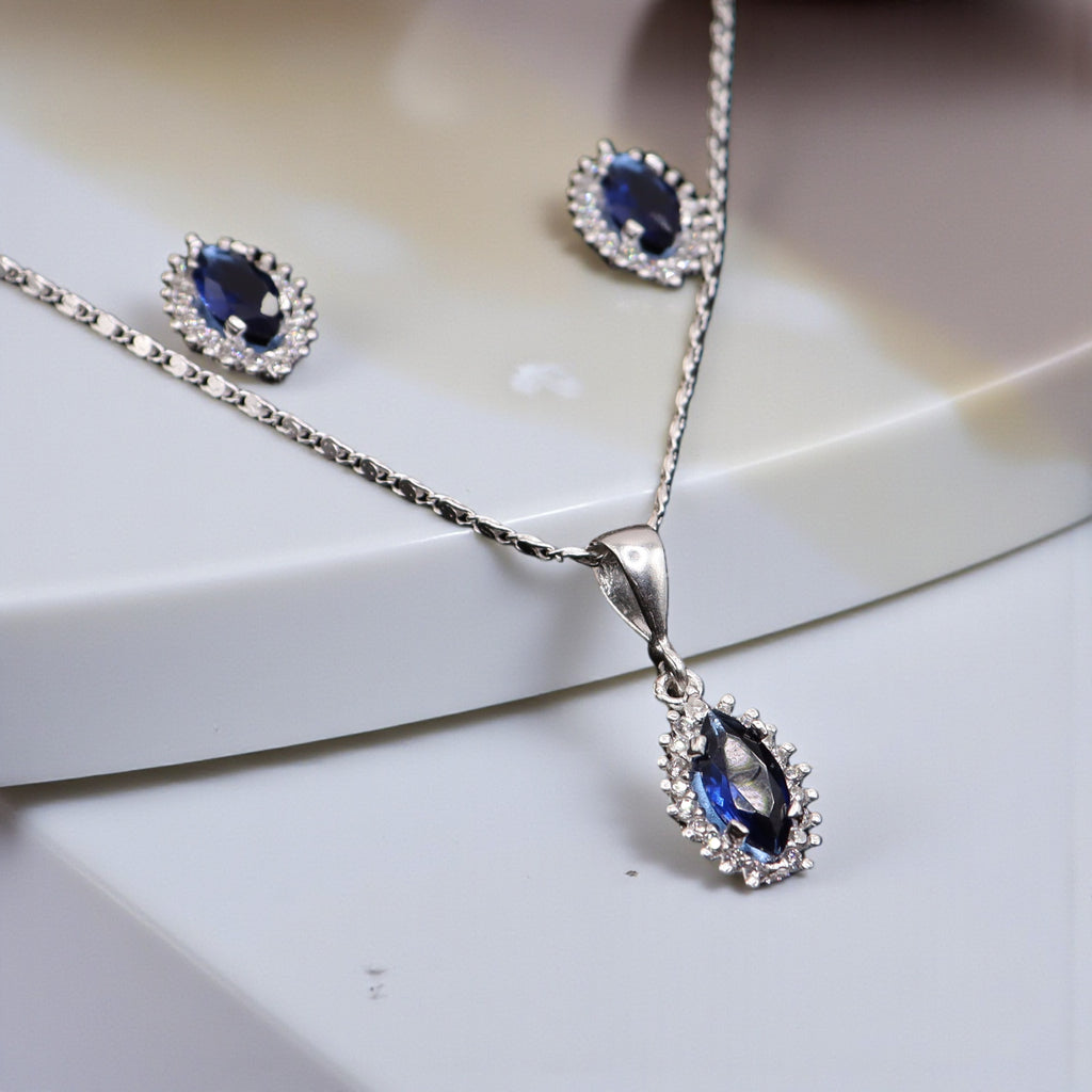 Aretes C/ Cadena Dije Gota Azul en Plata .925