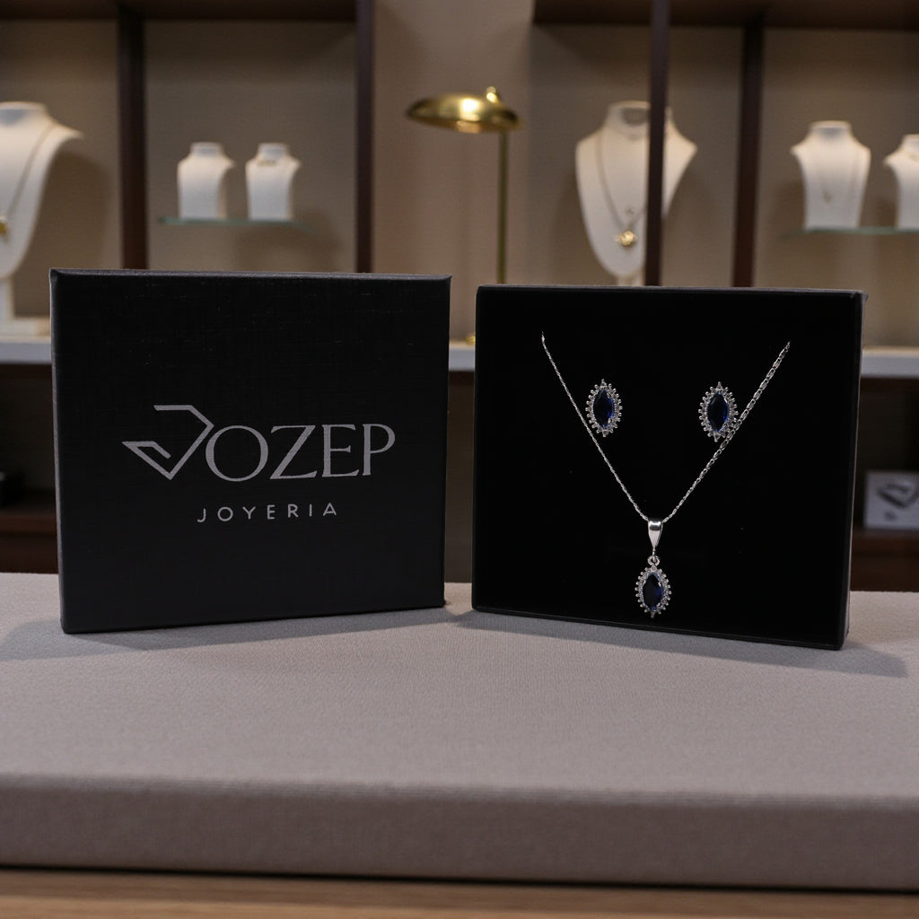 Aretes C/ Cadena Dije Gota Azul en Plata .925