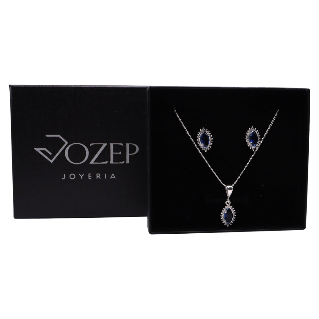 Aretes C/ Cadena Dije Gota Azul en Plata .925