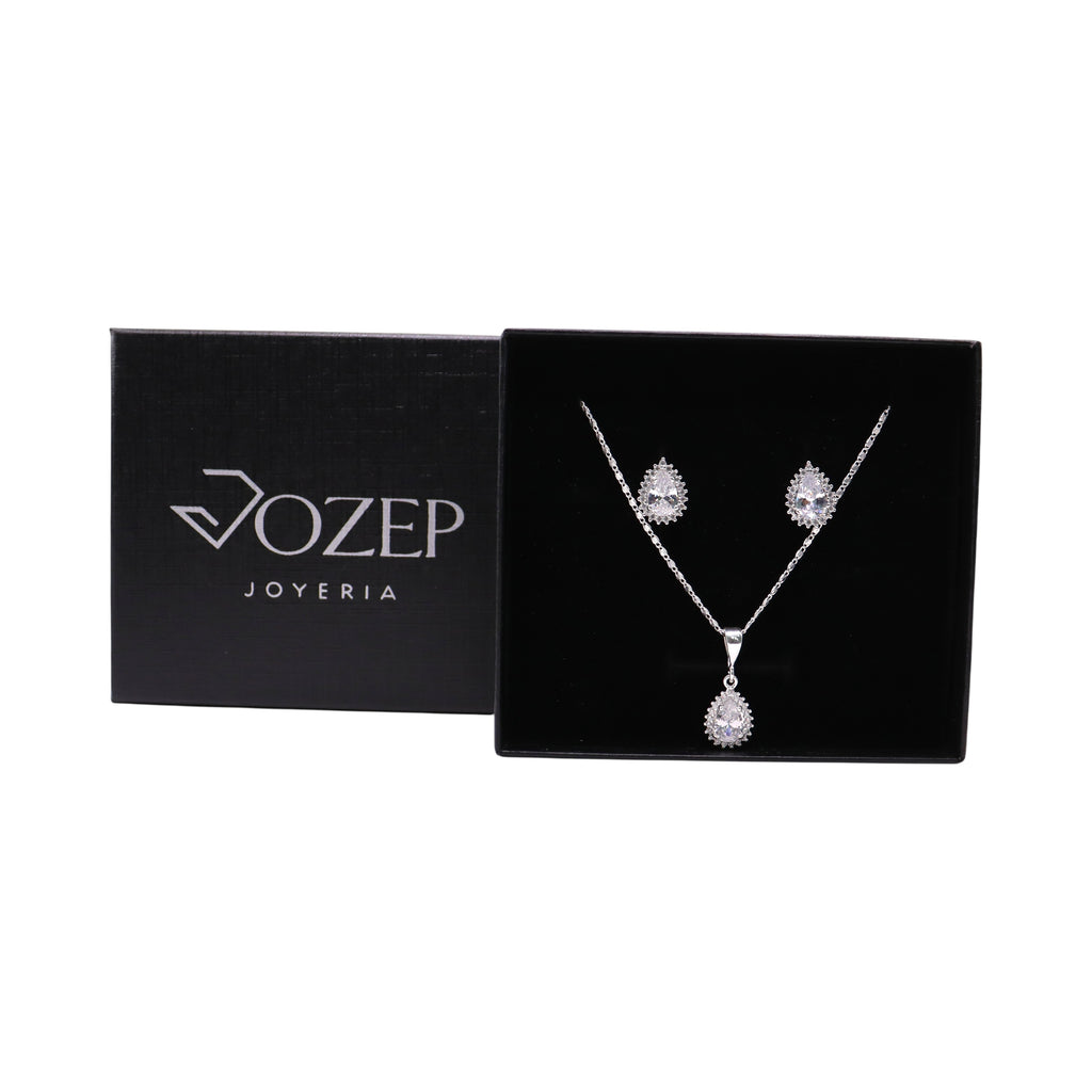 Aretes C/ Cadena Dije Gota Blanca en Plata .925