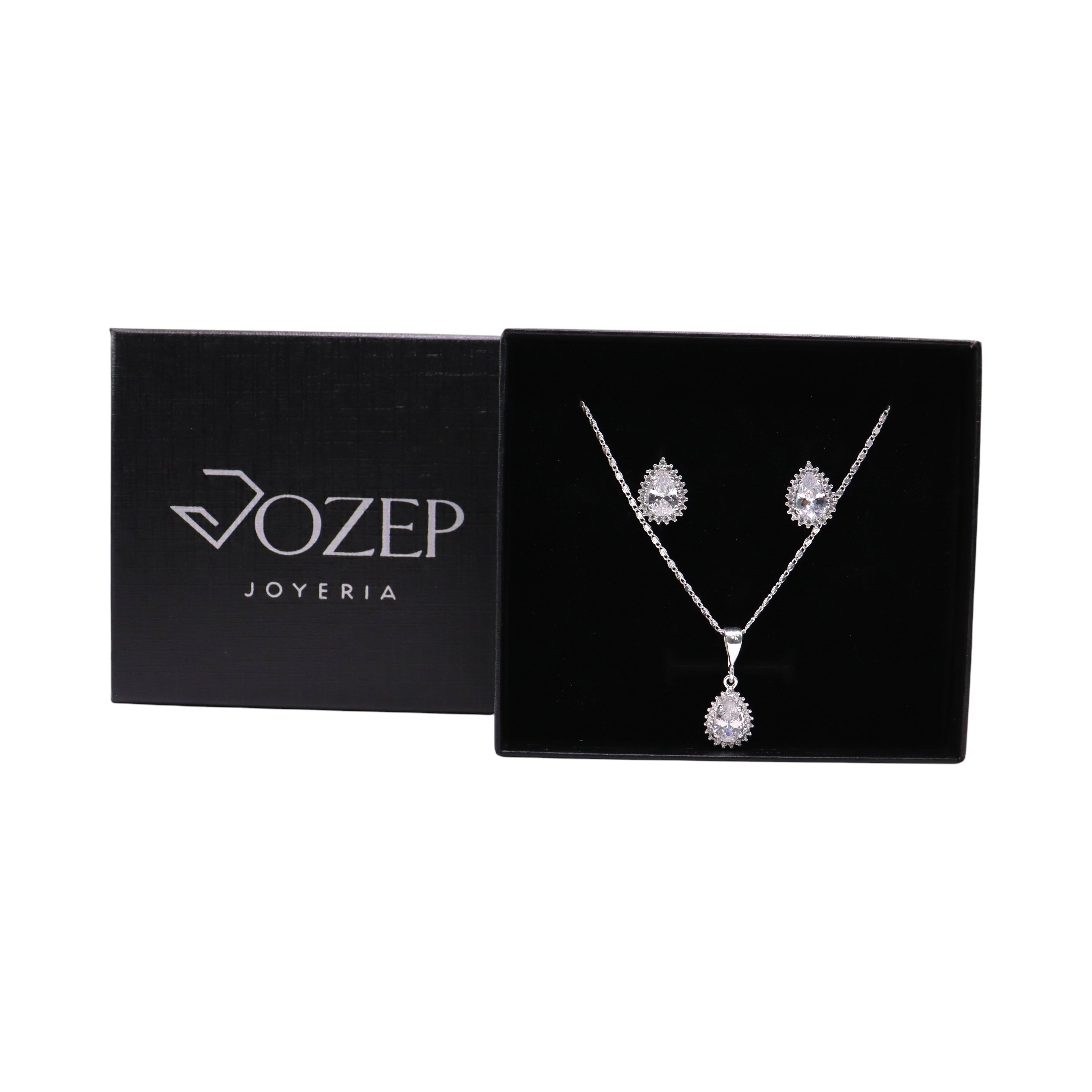 Aretes C/ Cadena Dije Gota Blanca en Plata .925