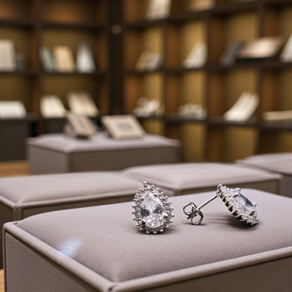 Aretes C/ Cadena Dije Gota Blanca en Plata .925