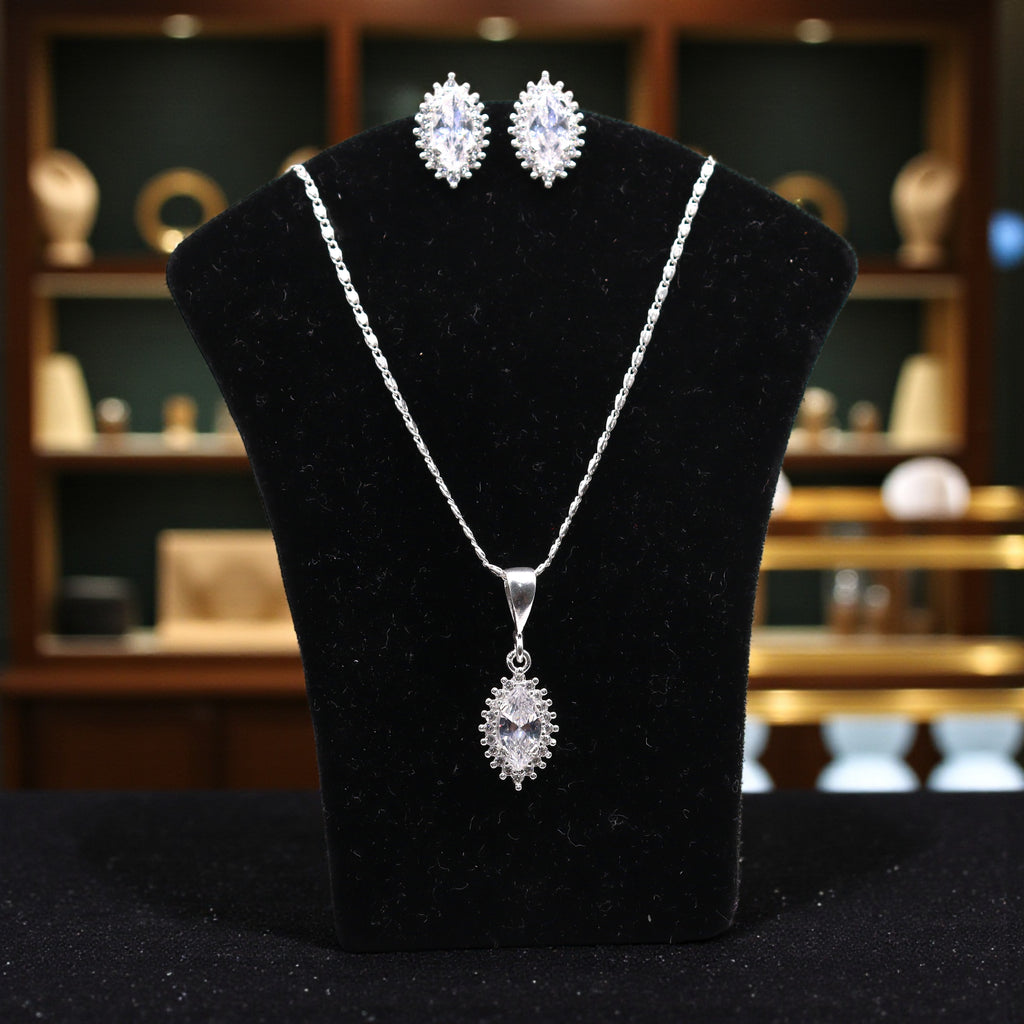 Aretes C/ Cadena Dije Gota Blanca Delgada en Plata .925