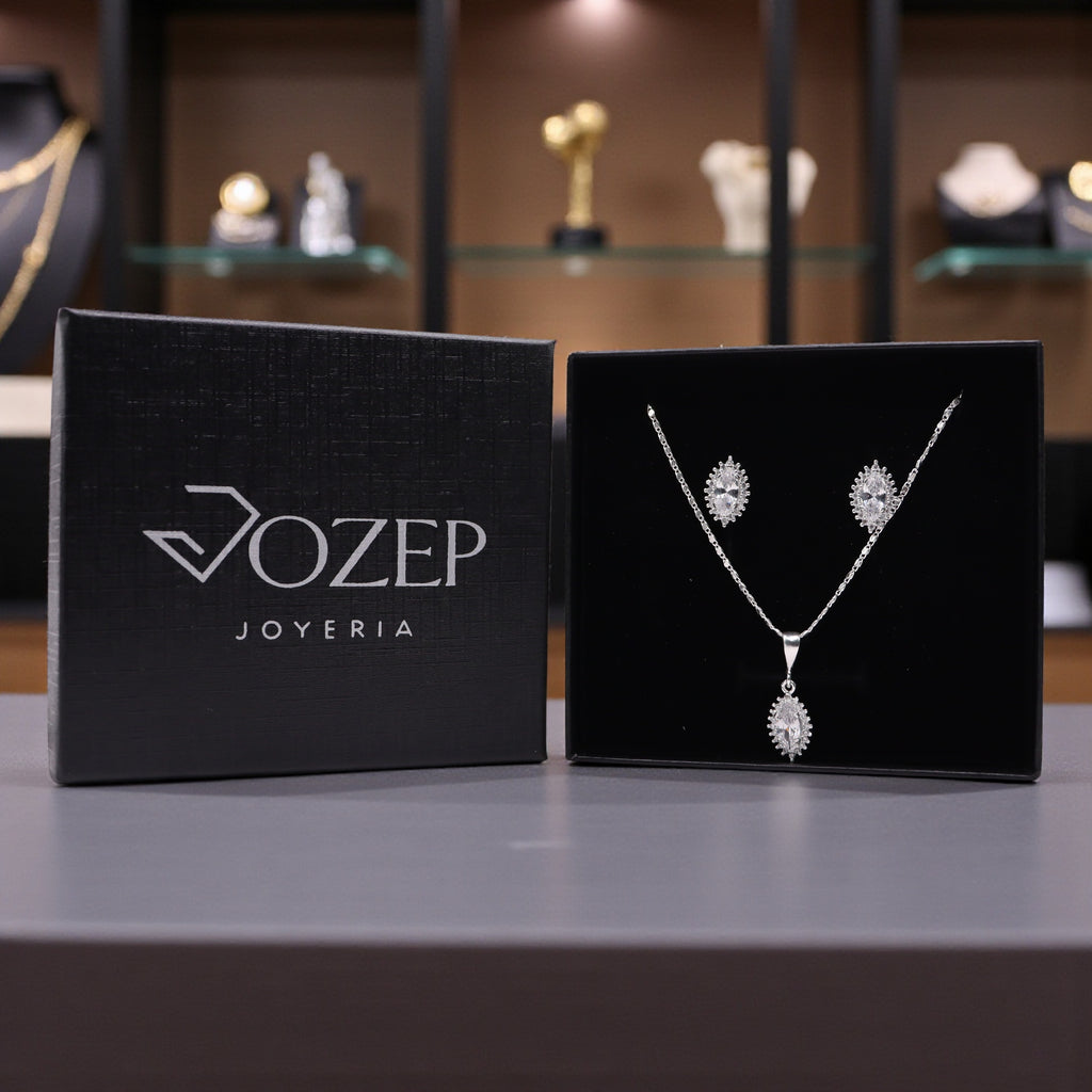 Aretes C/ Cadena Dije Gota Blanca Delgada en Plata .925