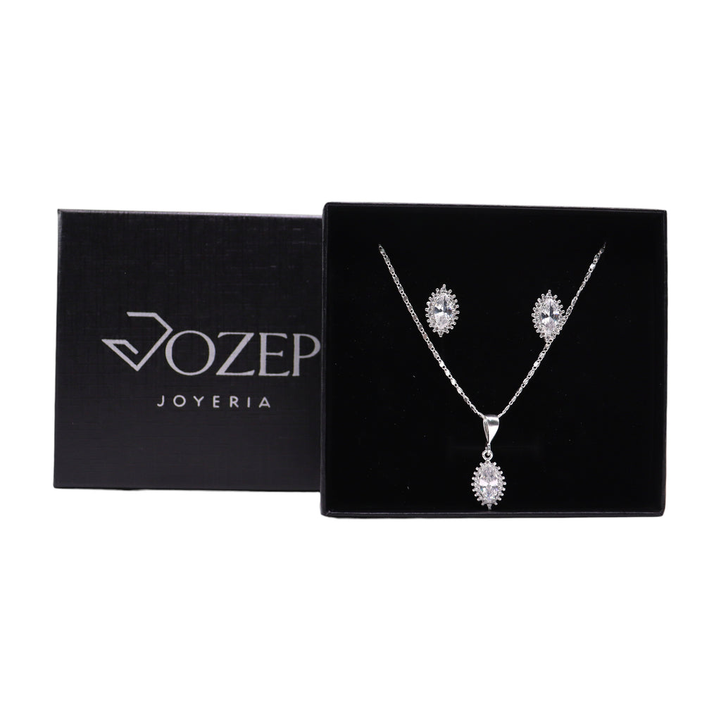 Aretes C/ Cadena Dije Gota Blanca Delgada en Plata .925