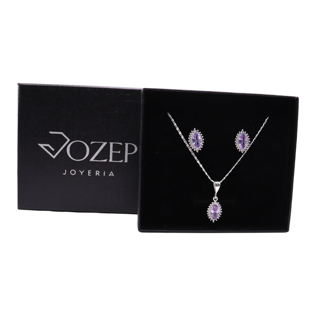 Aretes C/ Cadena Dije Gota Morada en Plata .925