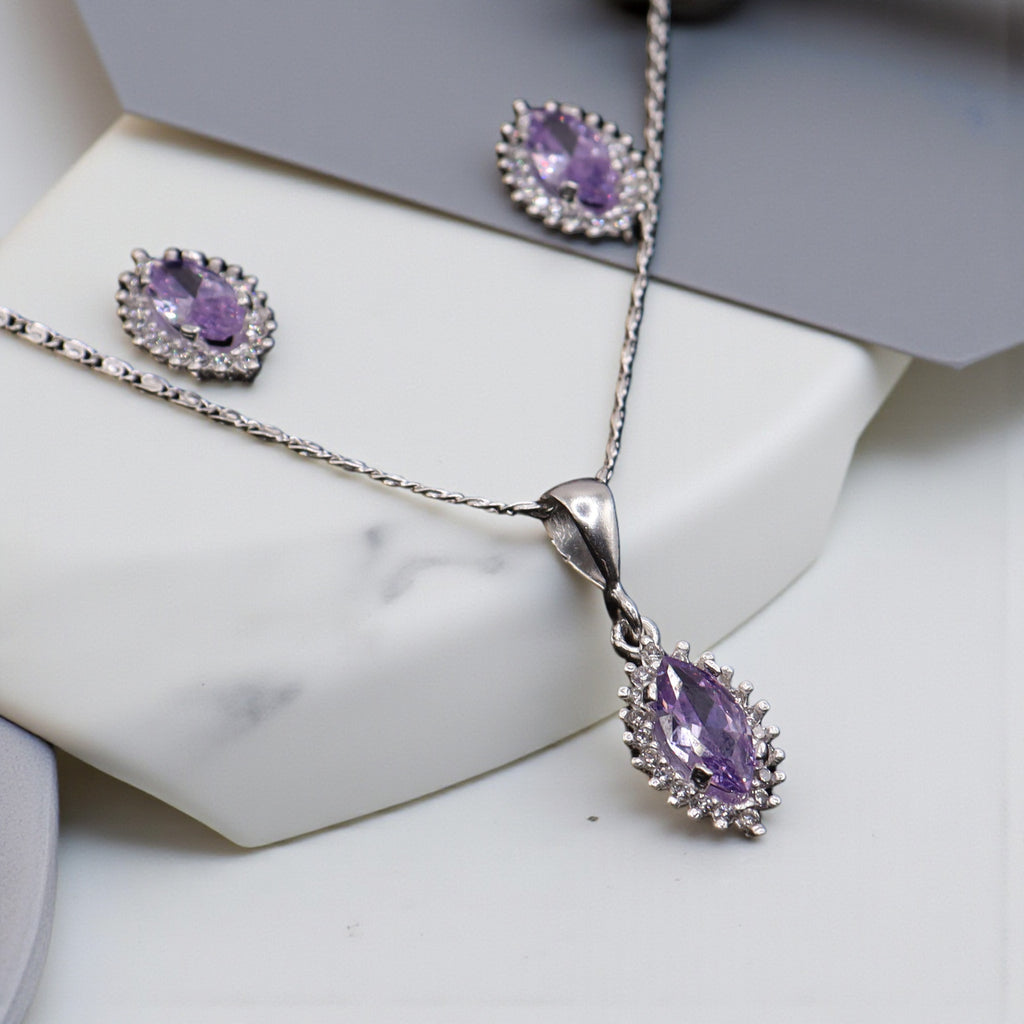 Aretes C/ Cadena Dije Gota Morada en Plata .925