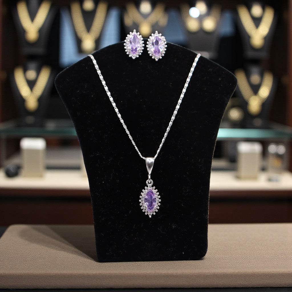 Aretes C/ Cadena Dije Gota Morada en Plata .925