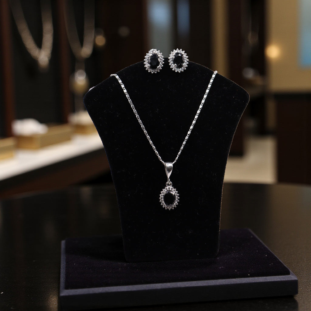 Aretes C/ Cadena Dije Ovalo Negro en Plata .925