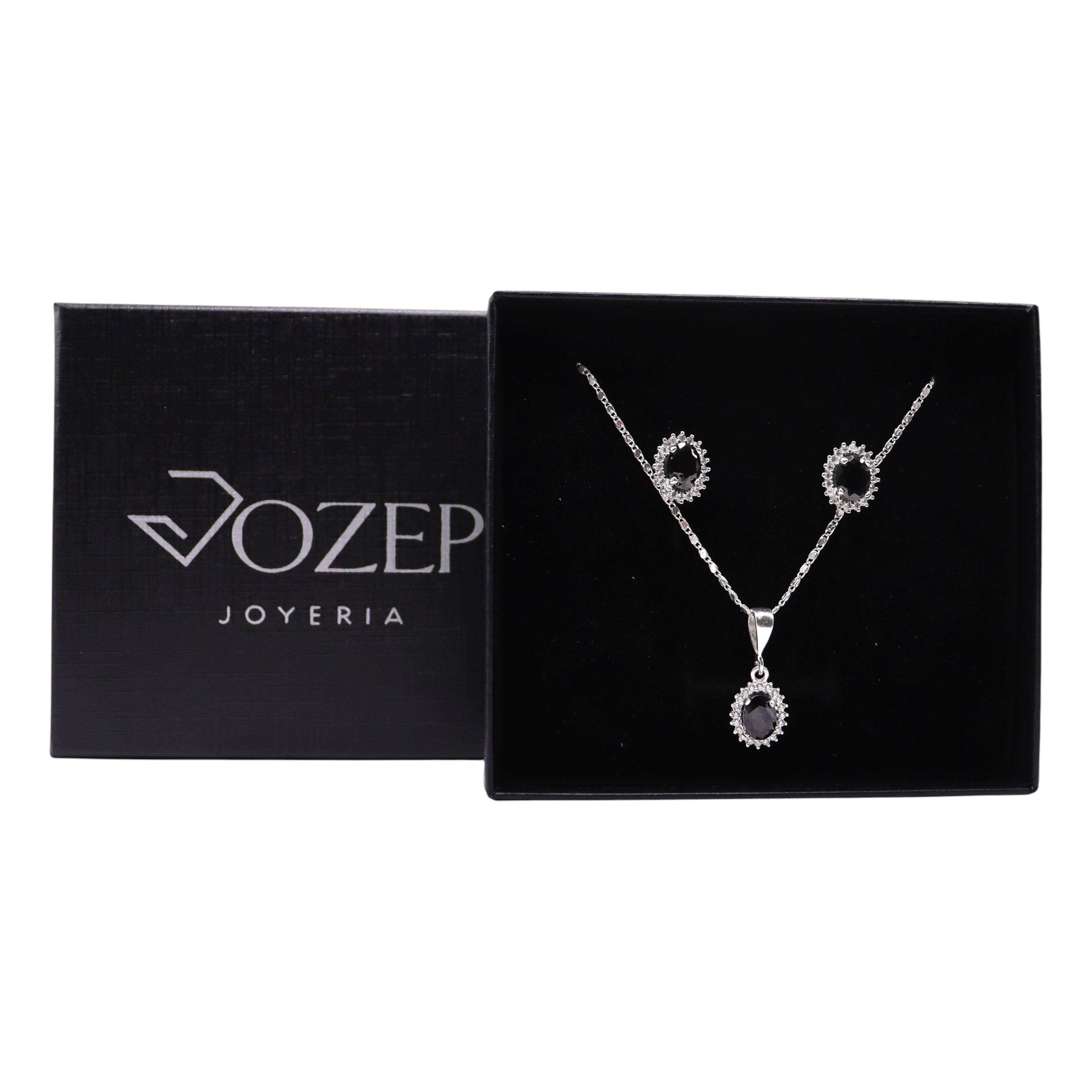 Aretes C/ Cadena Dije Ovalo Negro en Plata .925