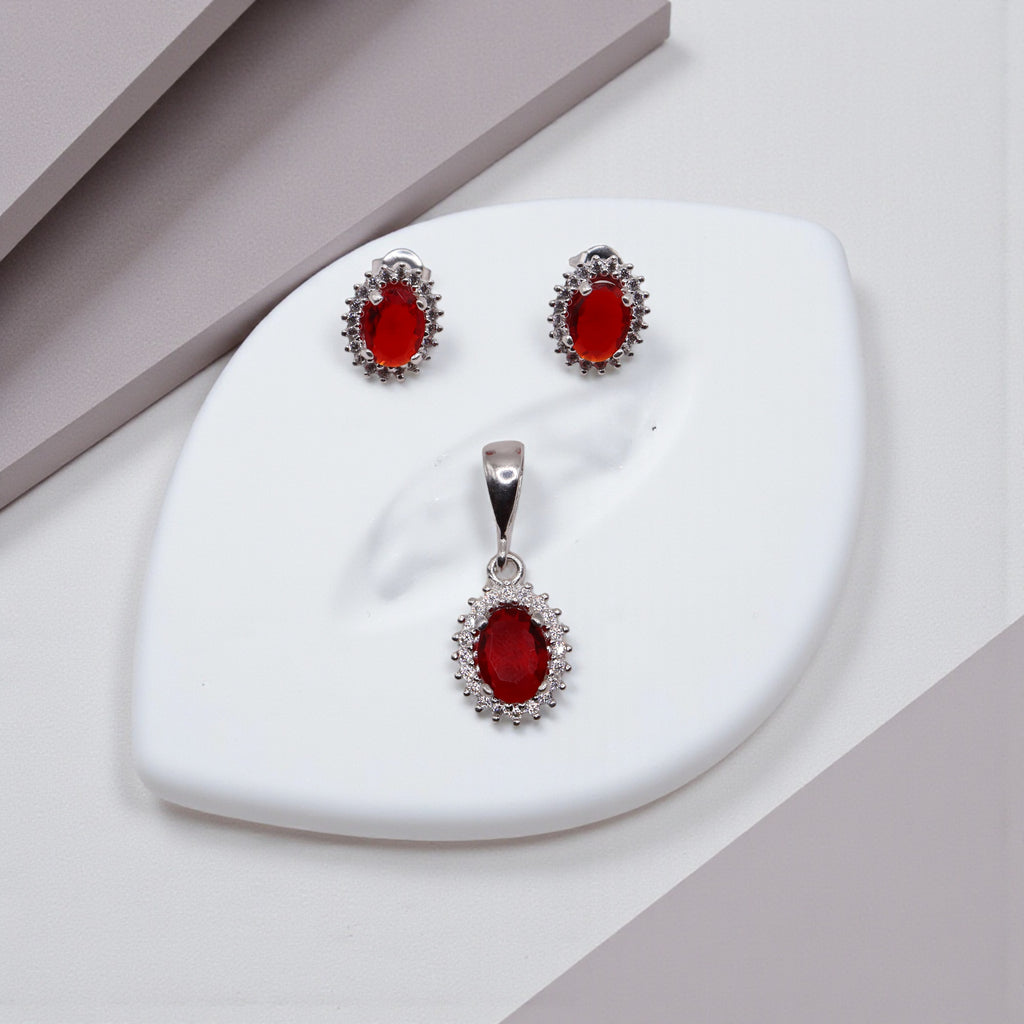 Aretes C/ Cadena Dije Ovalo Rojo en Plata .925