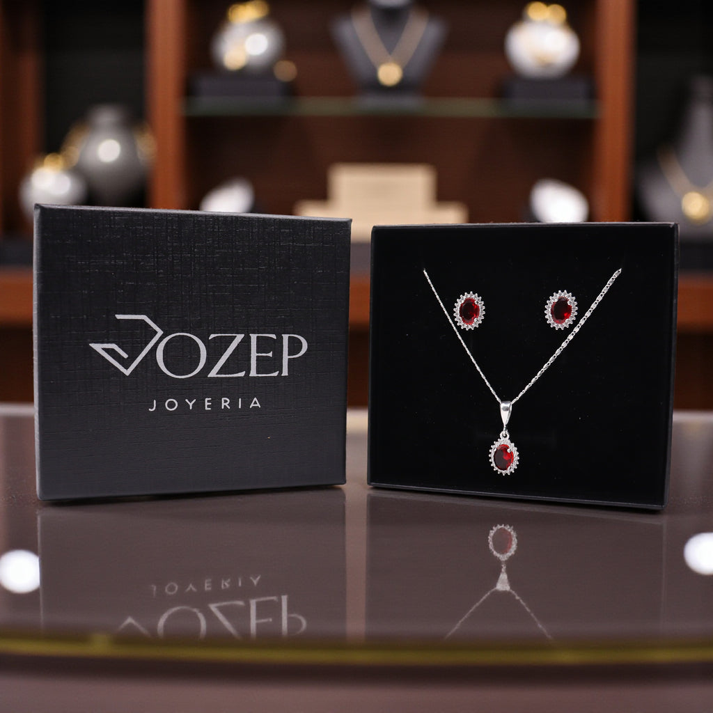 Aretes C/ Cadena Dije Ovalo Rojo en Plata .925