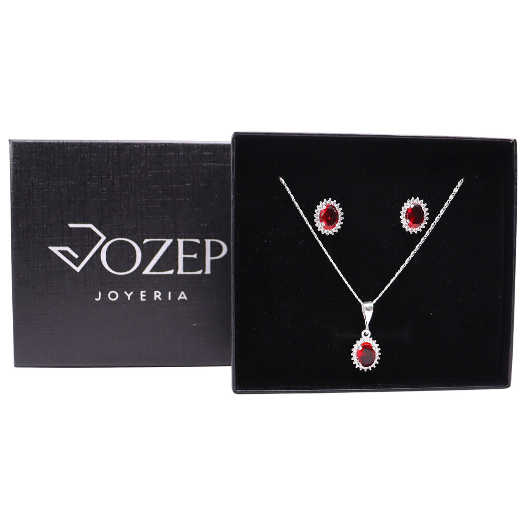 Aretes C/ Cadena Dije Ovalo Rojo en Plata .925