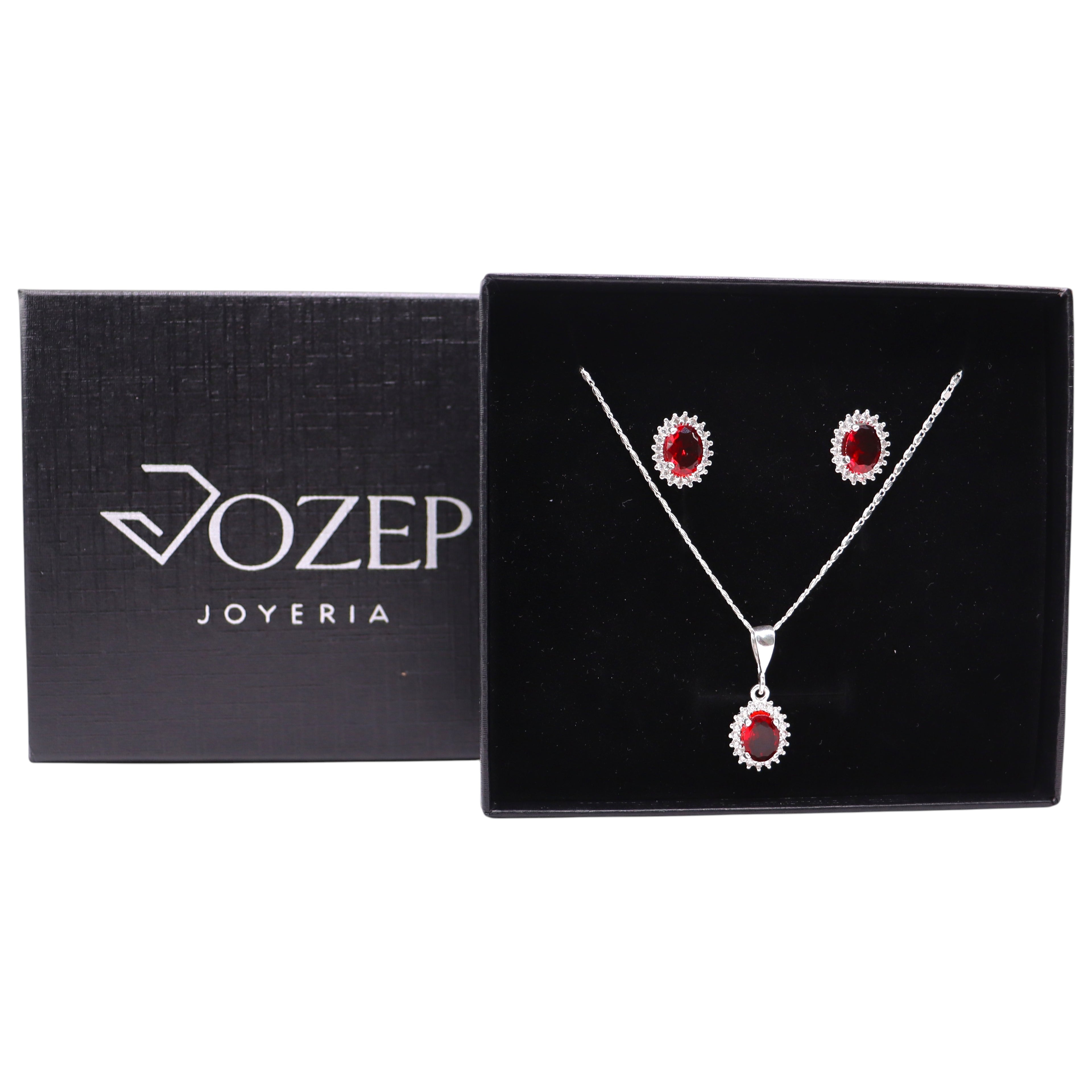 Aretes C/ Cadena Dije Ovalo Rojo en Plata .925