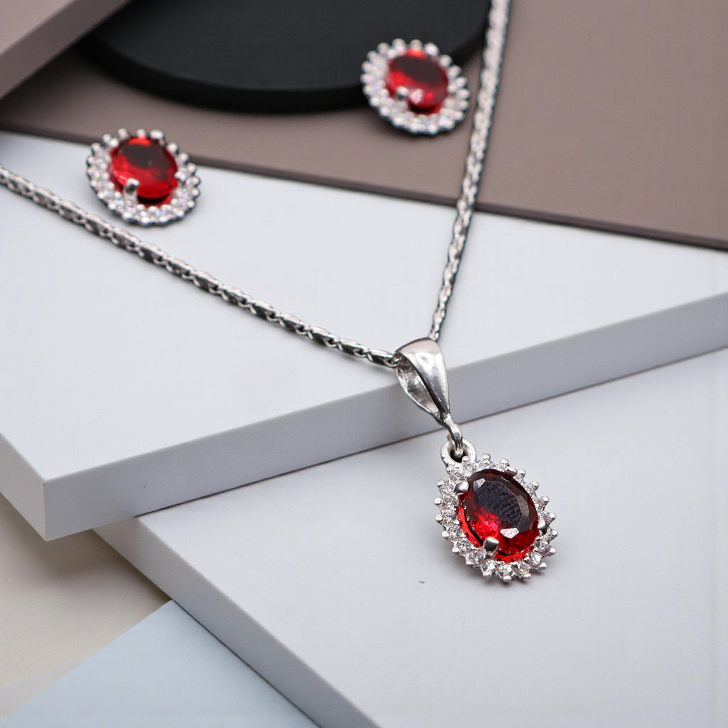 Aretes C/ Cadena Dije Ovalo Rojo en Plata .925