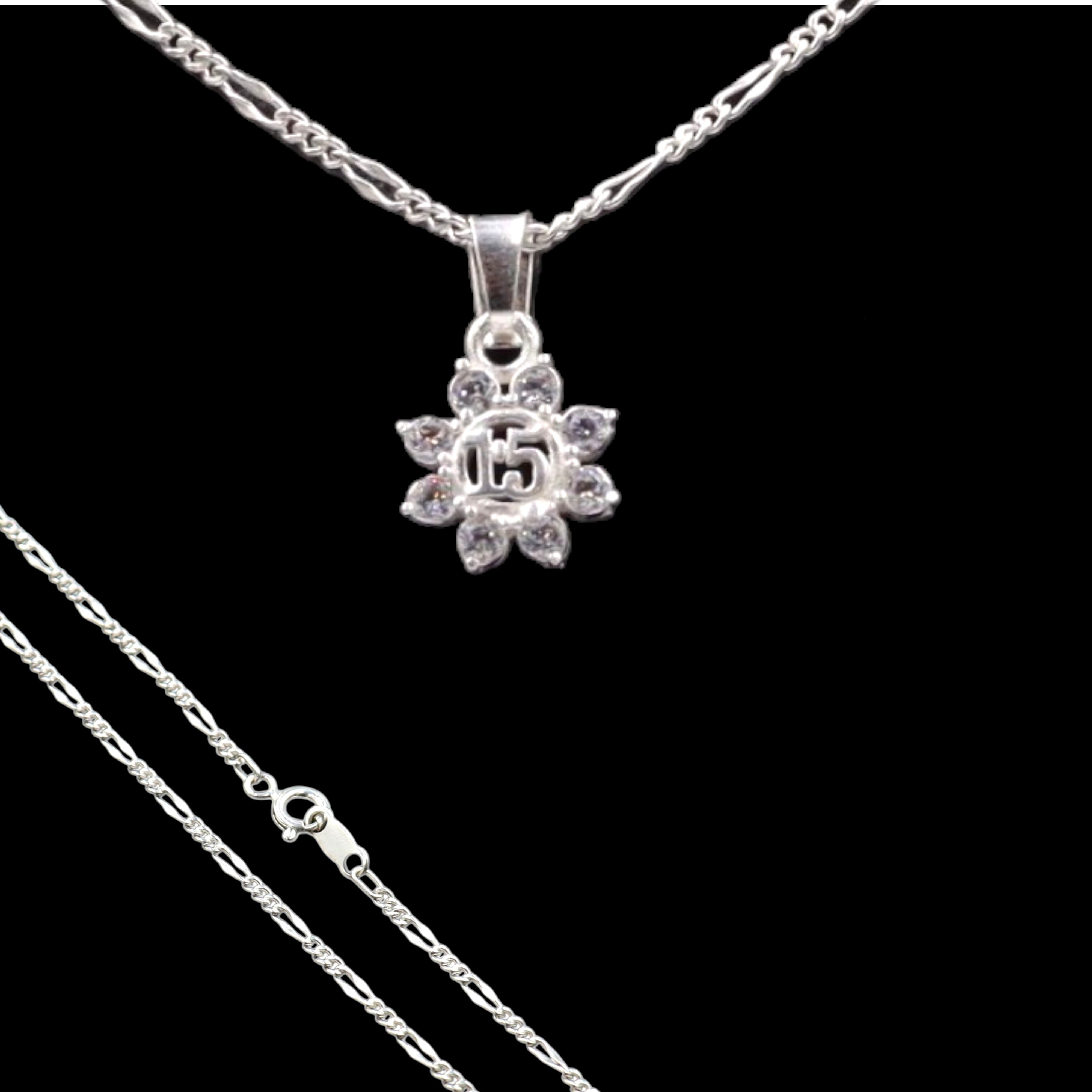 Dije 15 Años Flor con Circonia + Cadena en Plata .925