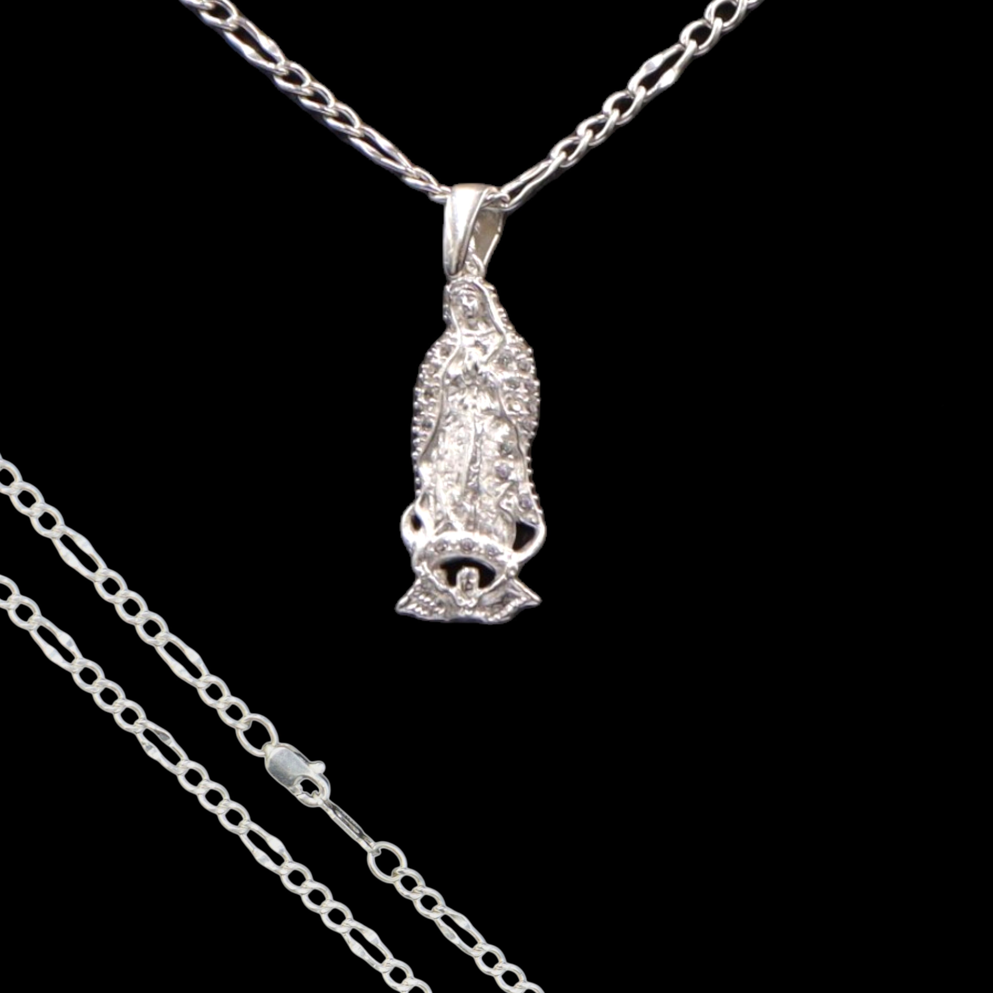 Dije Virgen De Guadalupe Circonia Blanca + Cadena en Plata .925