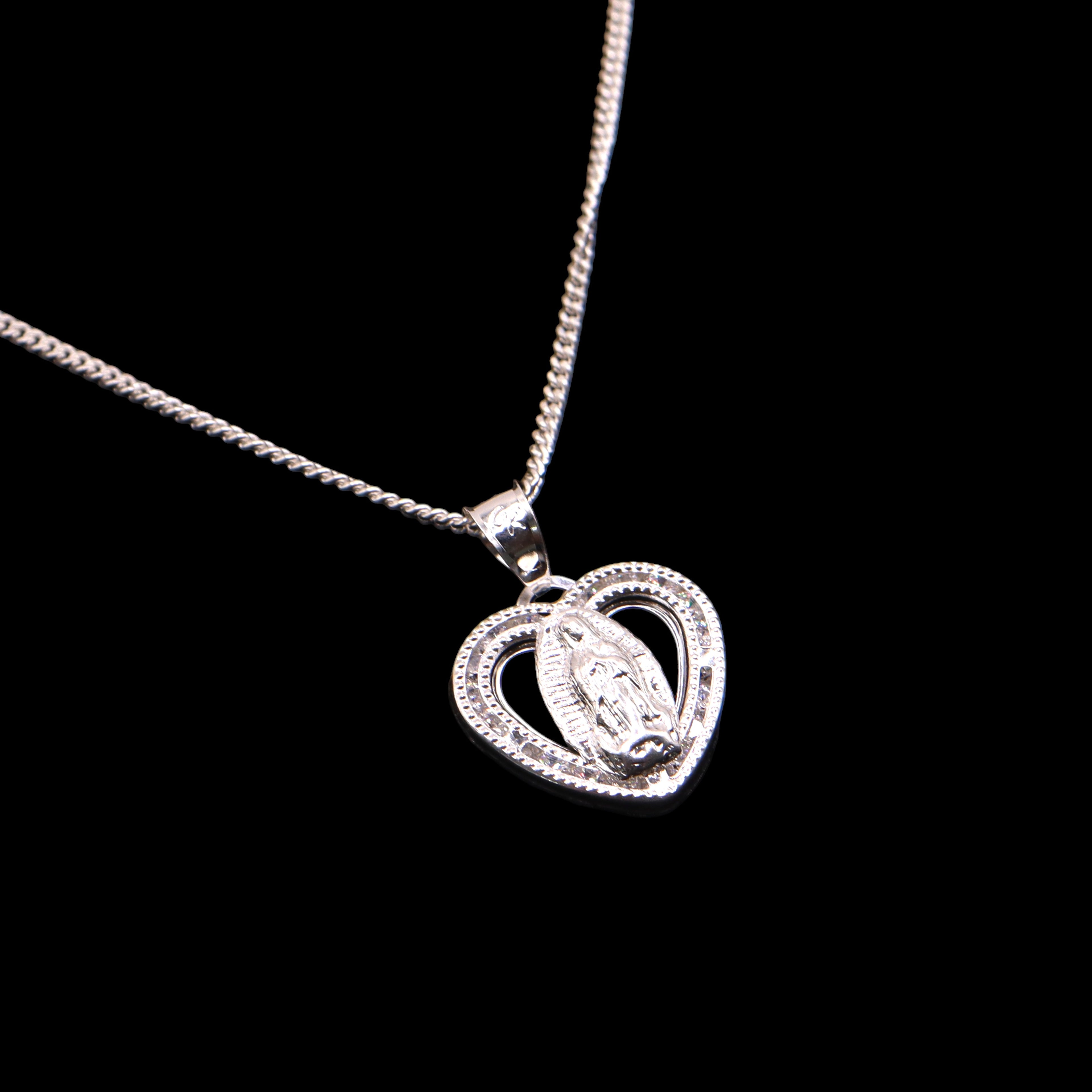 Dije Corazón Con Virgen Grande Plata .925