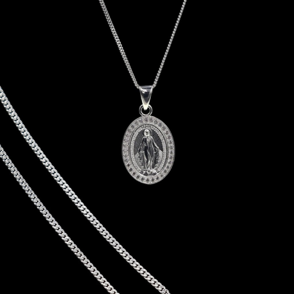 Dije De Virgen + Cadena En Plata .925