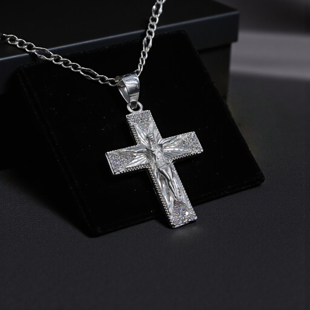 Dije De Cruz Con Lineas Y Circonias + Cadena Plata .925