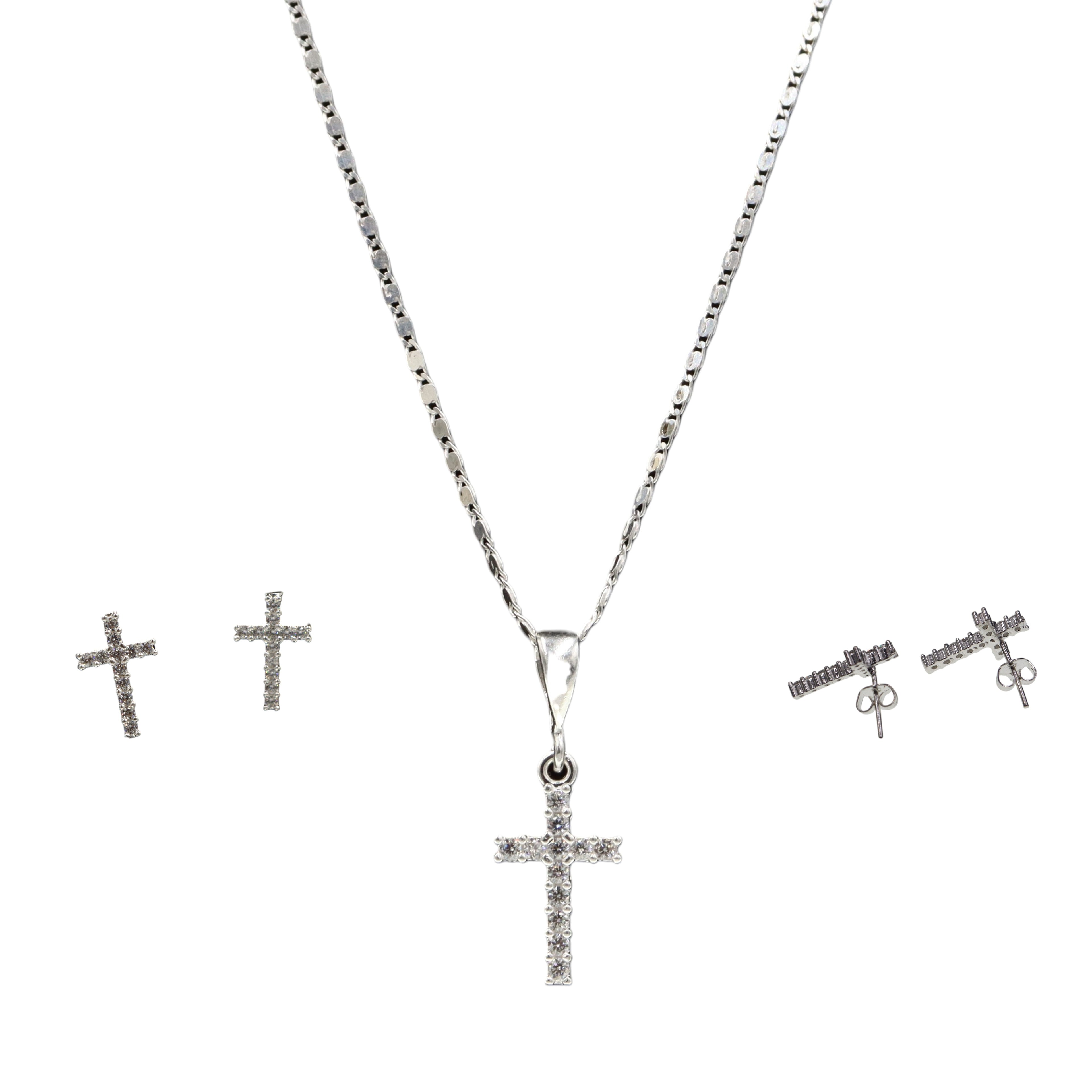 Aretes + Cadena + Dije Cruz Con Circonia de Plata .925