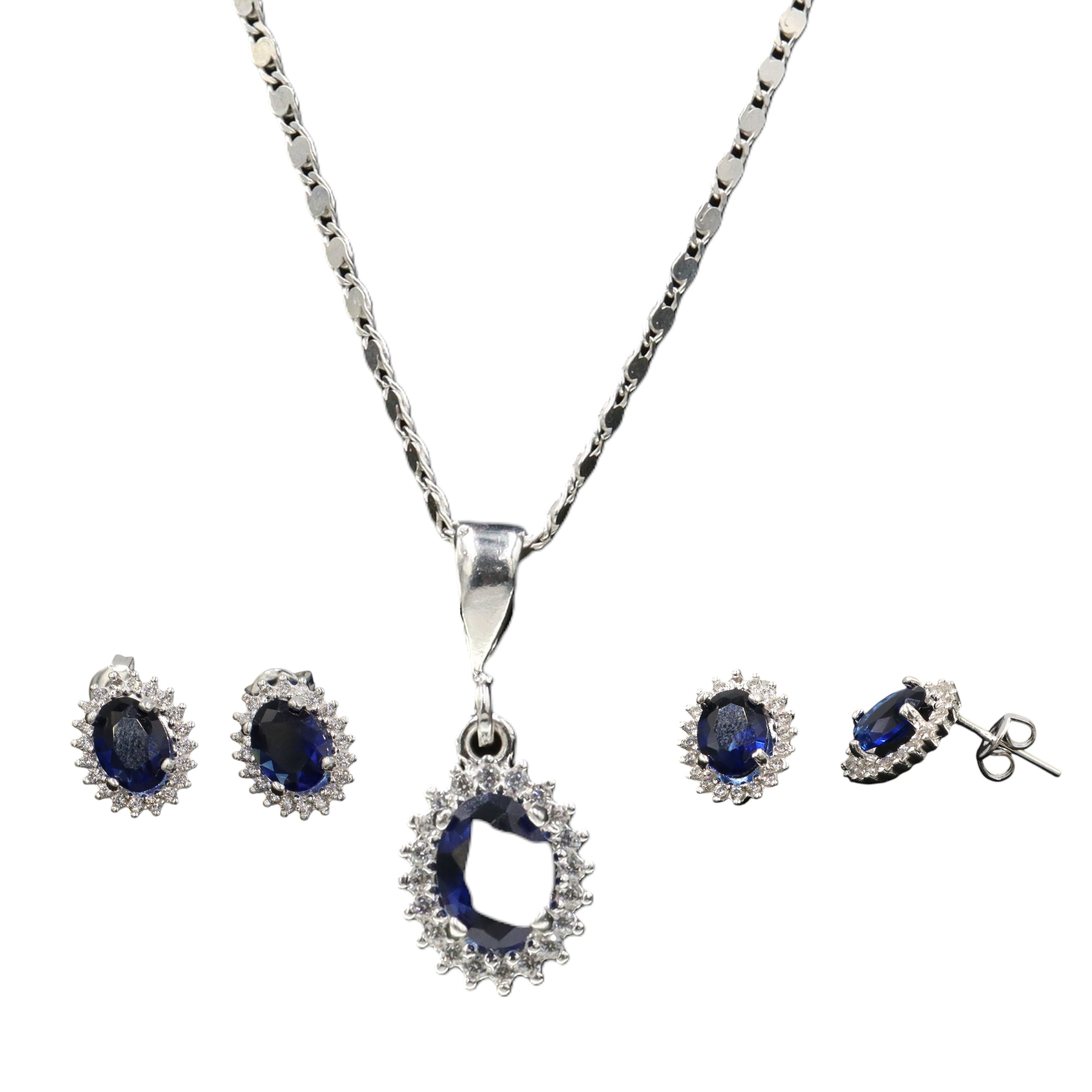 Aretes + Cadena + Dije Ovalo Azul de Plata .925